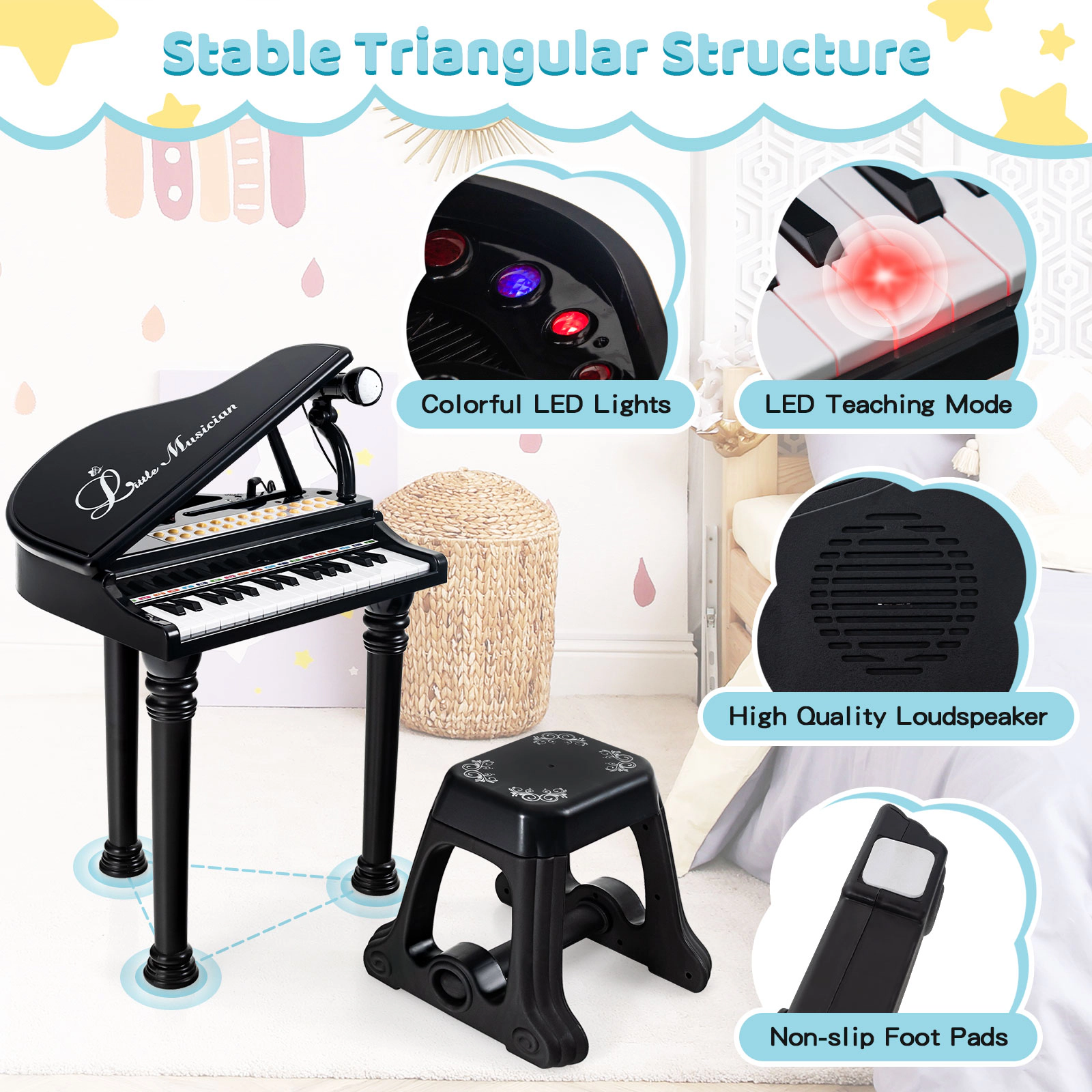 SUGIFT Kids Black 31-Key Toy Grand Piano with Stool and LED Teaching Lights 14-in W 12-in D 21.5-in H Ages 3+