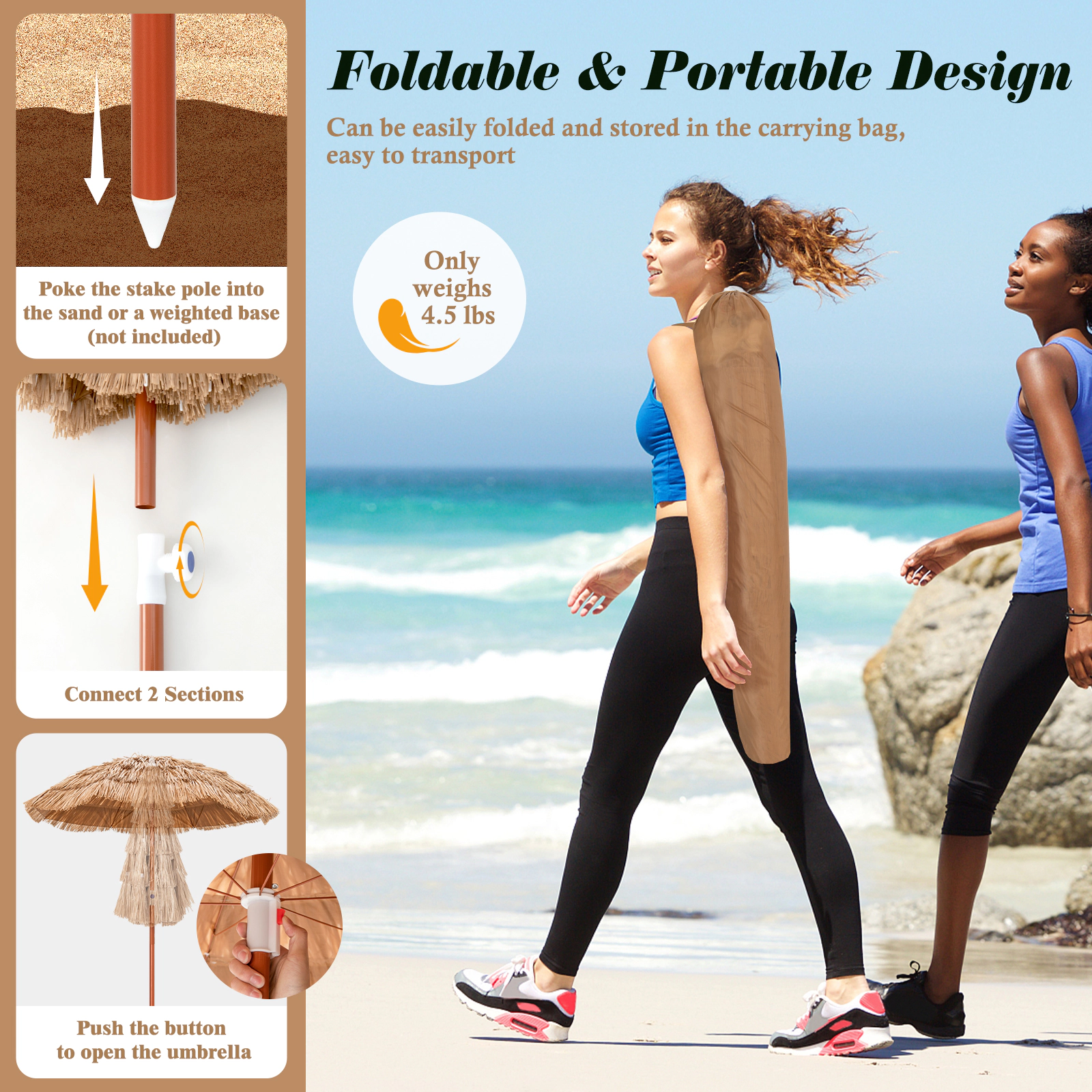 SUGIFT Natural 40-Degree Tilt Push Button Lift and Carrying Bag 6 FT Thatched Patio Umbrella