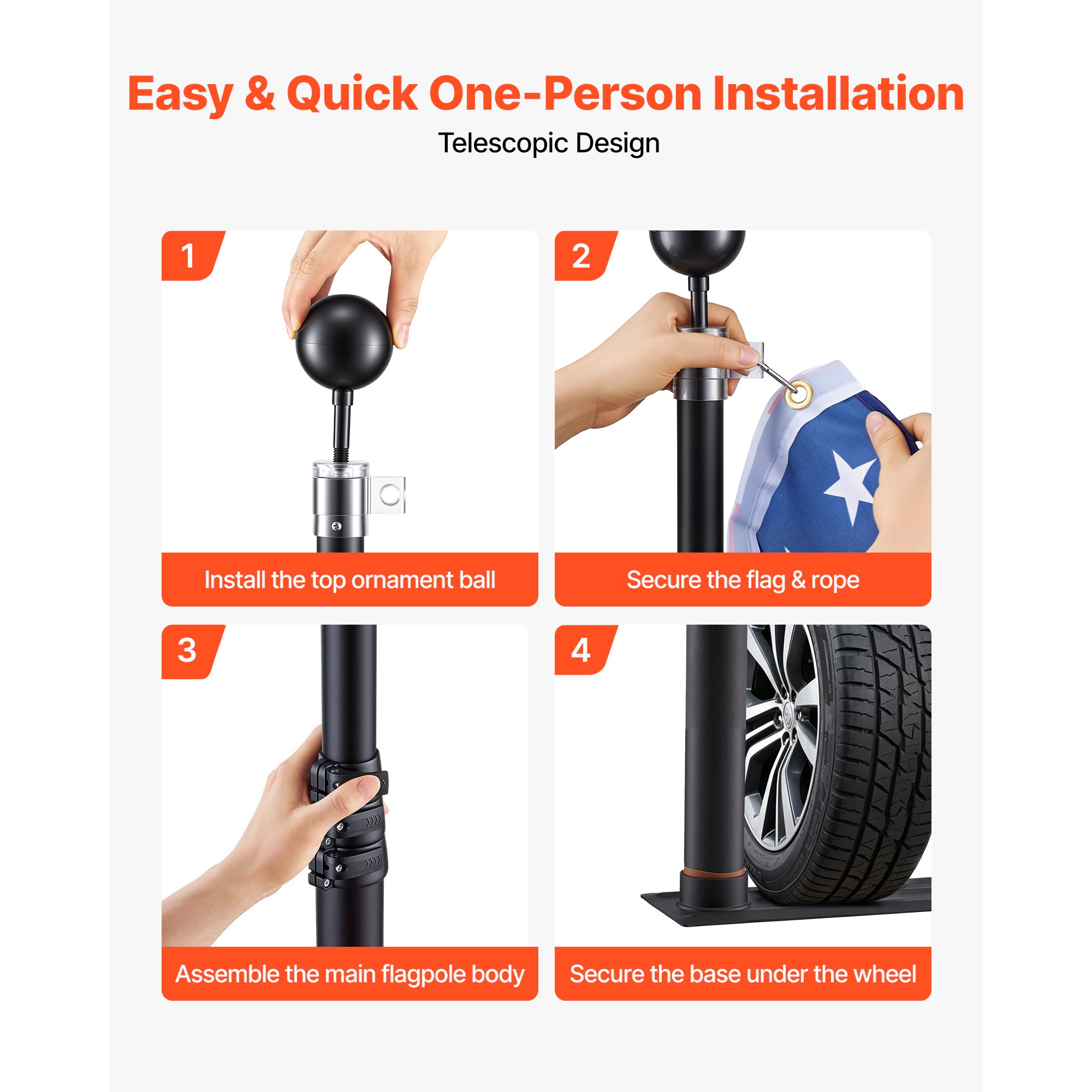 HONGGE Flag Pole Heavy Duty Telescopic Flagpole Kit with for Outdoor Aluminum Flagpole with 3x5 American Flag for Black