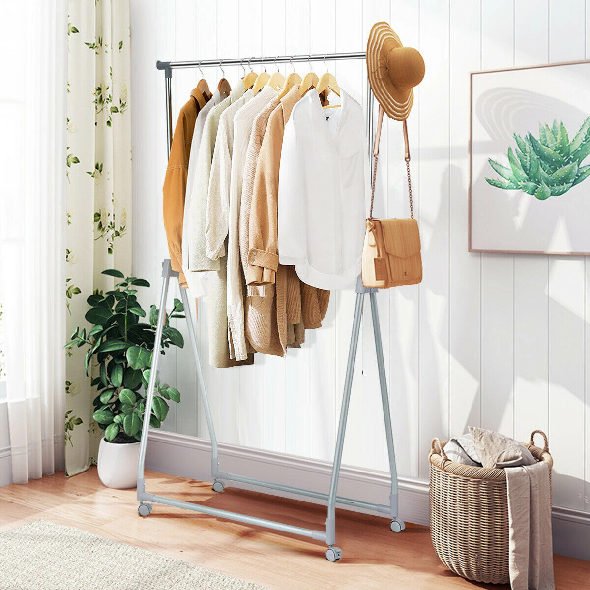 SUGIFT Silver Foldable Extendable Rolling Clothes Rack with 66-in Adjustable Rod and 4 Caster Wheels