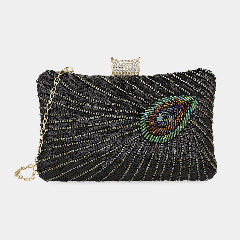 Fashnzfab 7.25" X 5.25" X 2" Beaded Sequin Peacock Clutch Evening Bag Crossbody Bag