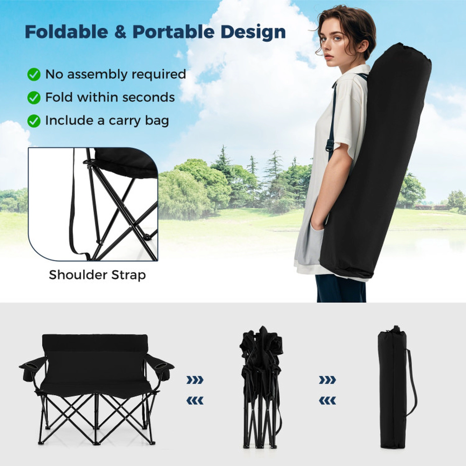 SUGIFT 2-Person Folding Loveseat Camping Chair 660-lb Capacity with Cup Holders 18-in Seat Height Blue Black Gray
