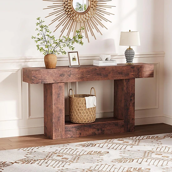 BebreezChic 63" Entryway Table, 2-Tier Narrow Console w/ Storage & Charging