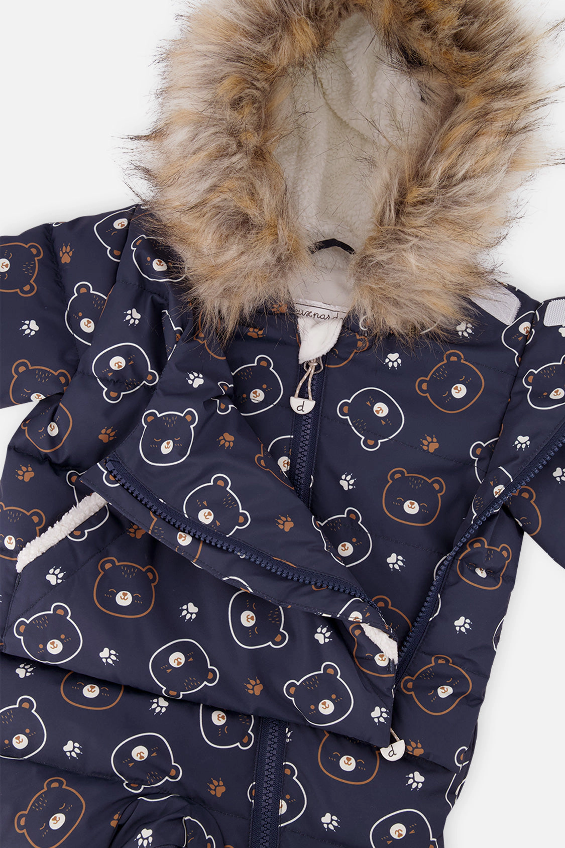 Deux par Deux Girls Snug Teddy Bear Print One Piece Snowsuit Adapted for Car Seats with Faux Fur-Trimmed Hood