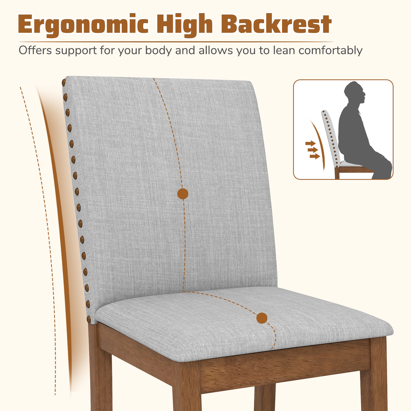 SUGIFT Set of 2 Upholstered Dining Chairs Nailhead Trim 400-Lb Capacity 23-in x 19-in x 36-in Frame Ash Gray + Walnut