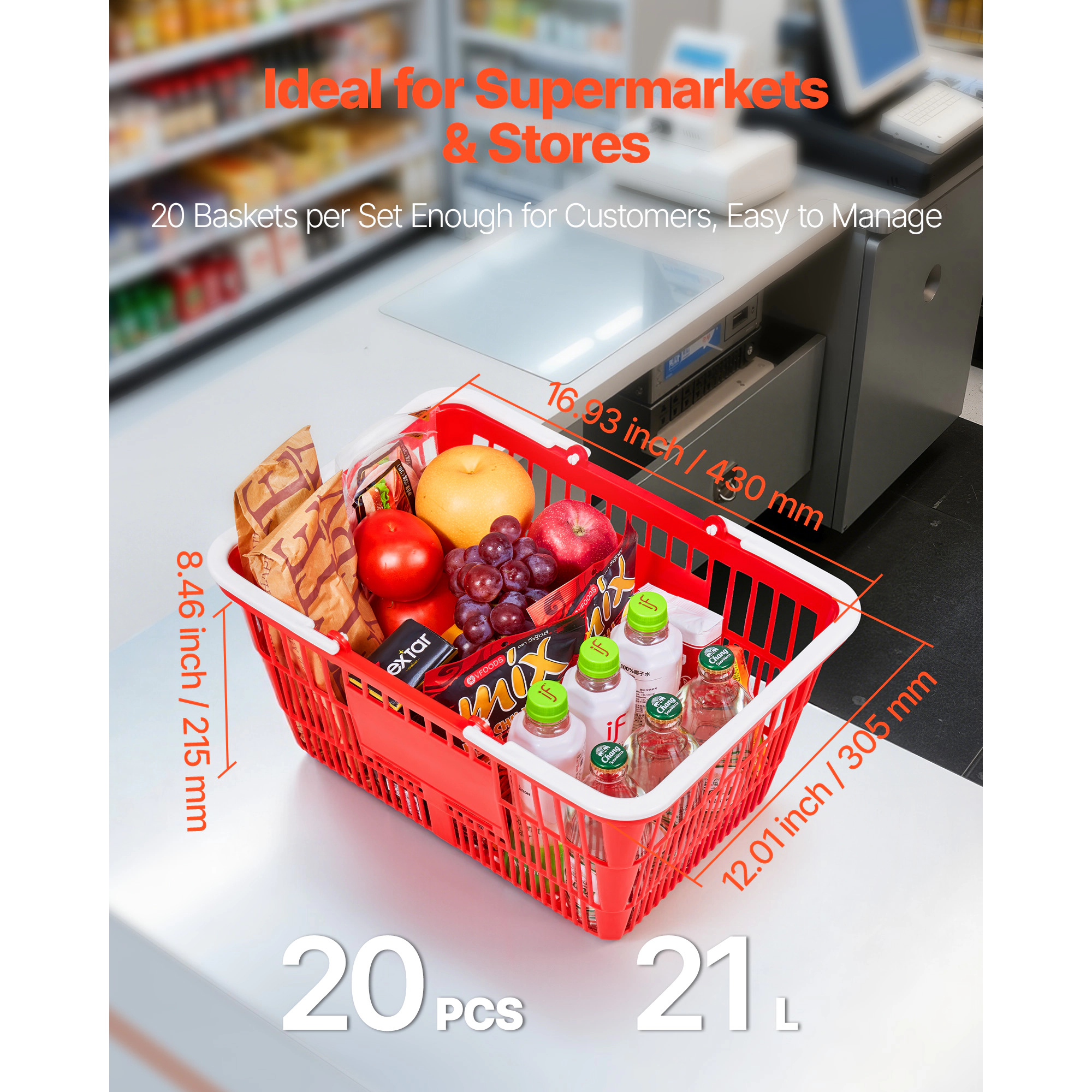 HONGGE Shopping Baskets, Stackable Grocery Baskets with Handles, Dense Mesh Structure, Portable for Grocery, Retail