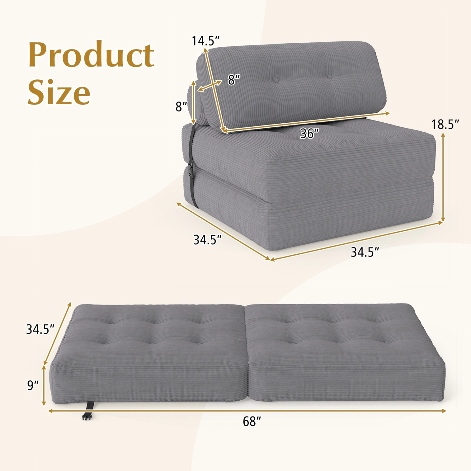 SUGIFT 3-in-1 Corduroy Folding Sofa Bed Pillow & Back Support 355-lb Capacity 68-in Bed Beige Black Gray Navy Blue Pink