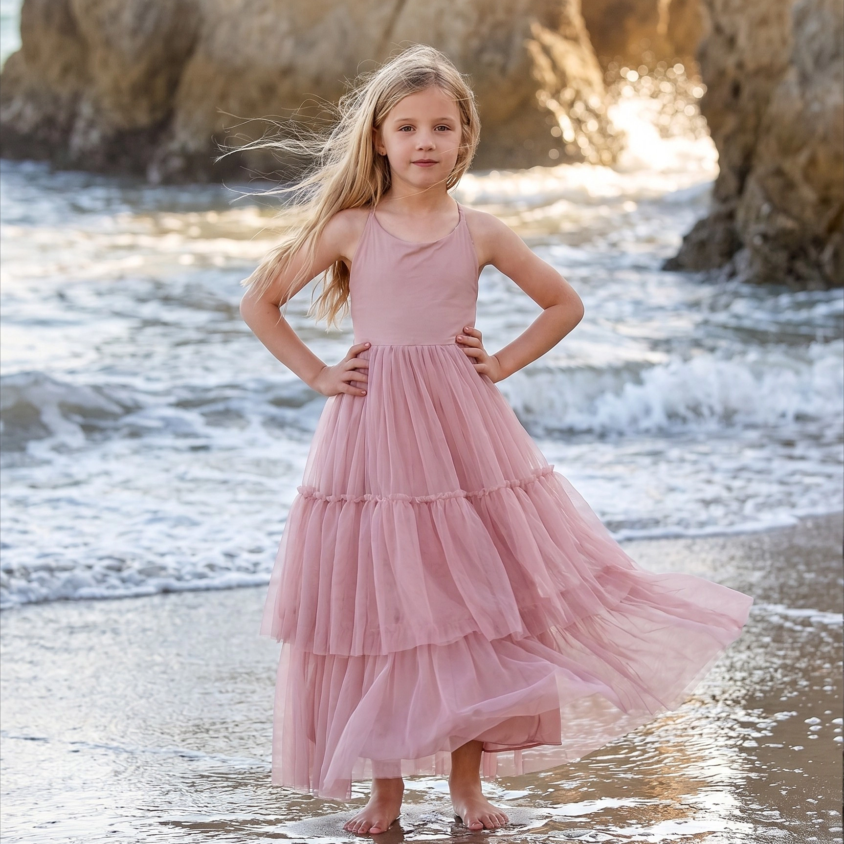 2Bunnies Girls Boho Tiered Tulle Maxi Dress with Crisscross Open Back
