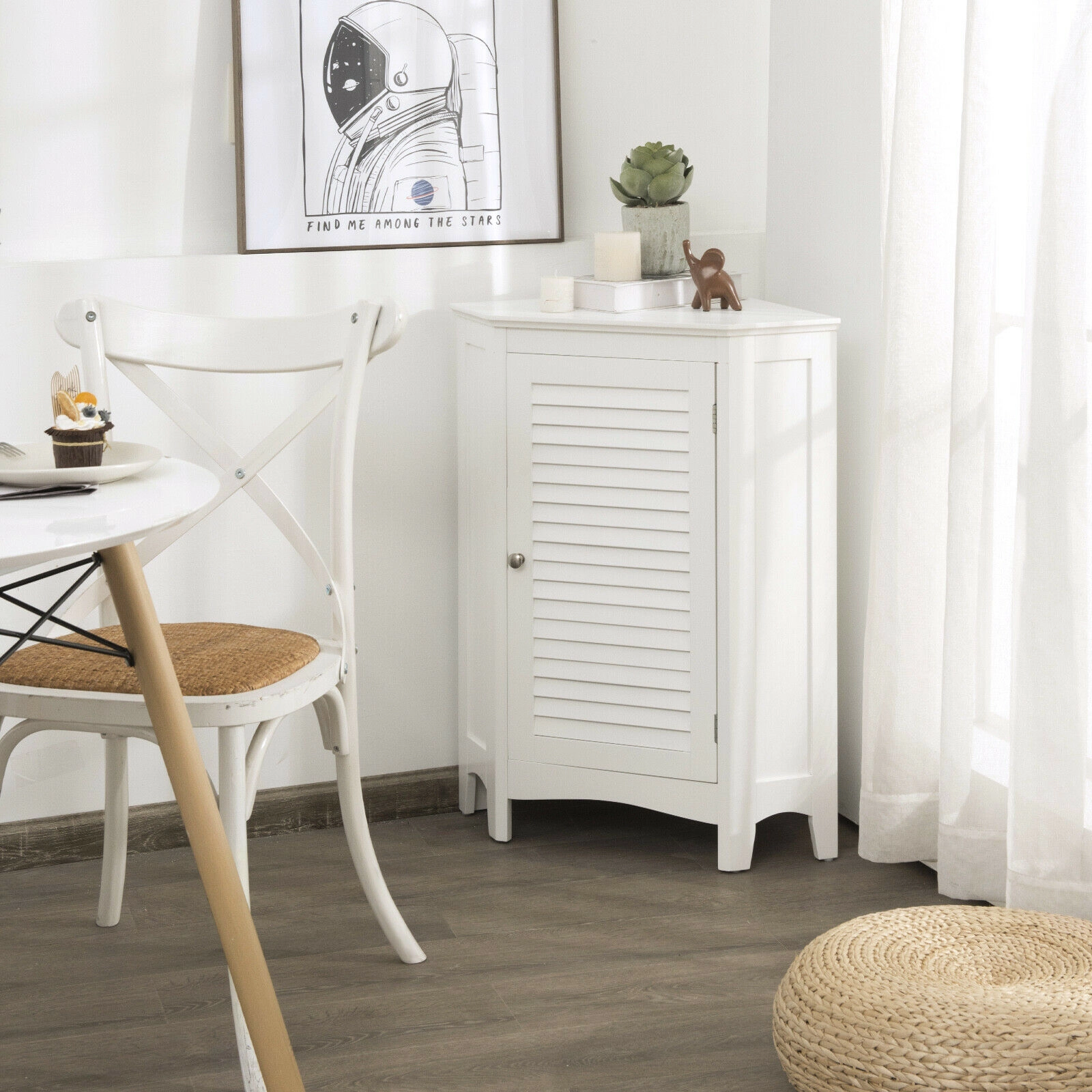 SUGIFT White 40-lb Per Shelf Triangular Corner Freestanding Bathroom Storage Cabinet with Shutter Door