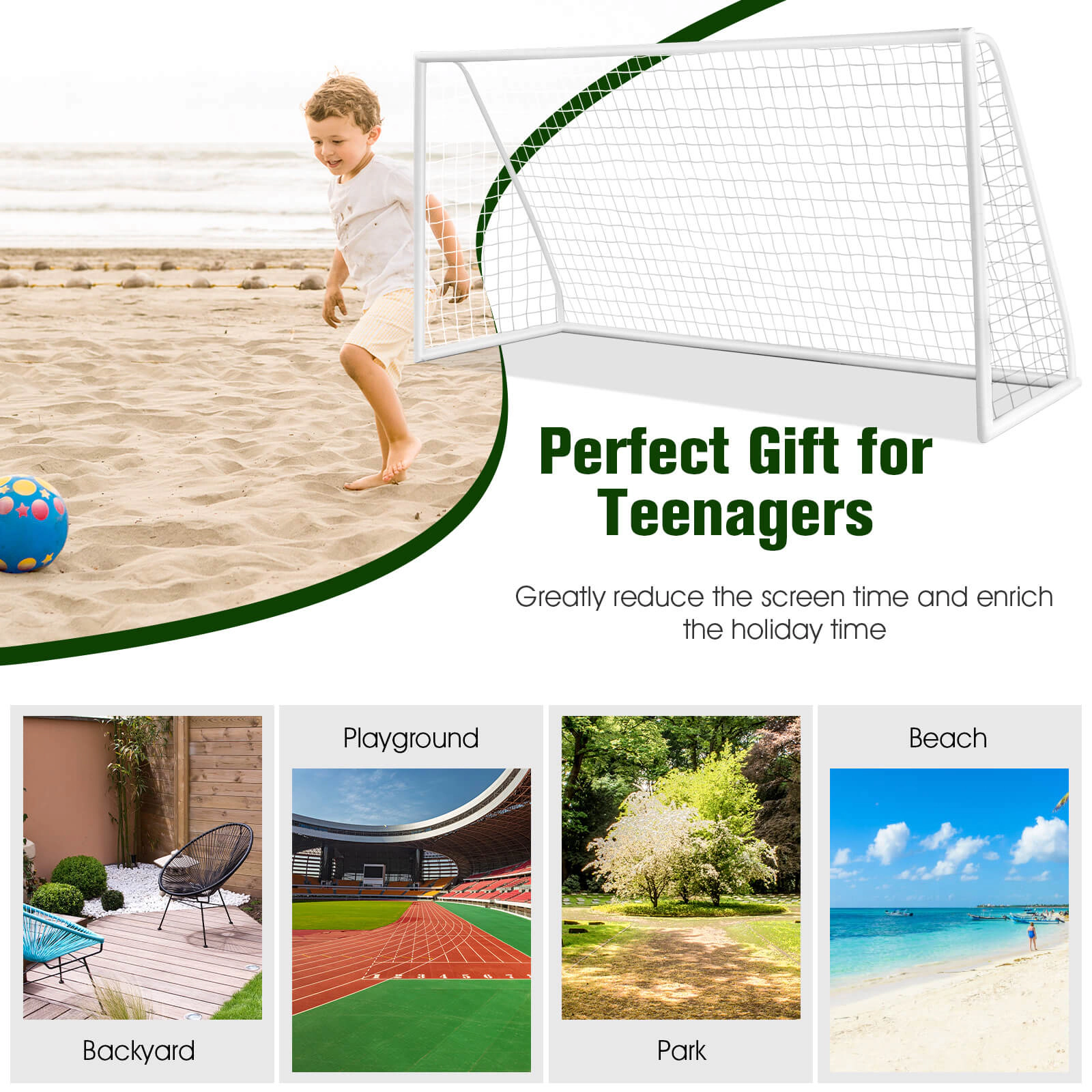 SUGIFT 12 x 6-ft Soccer Goal Thickened PVC Frame PE Net 6 Ground Pegs 143.7 x 47.24 x 71.65-in Ages 6+ White