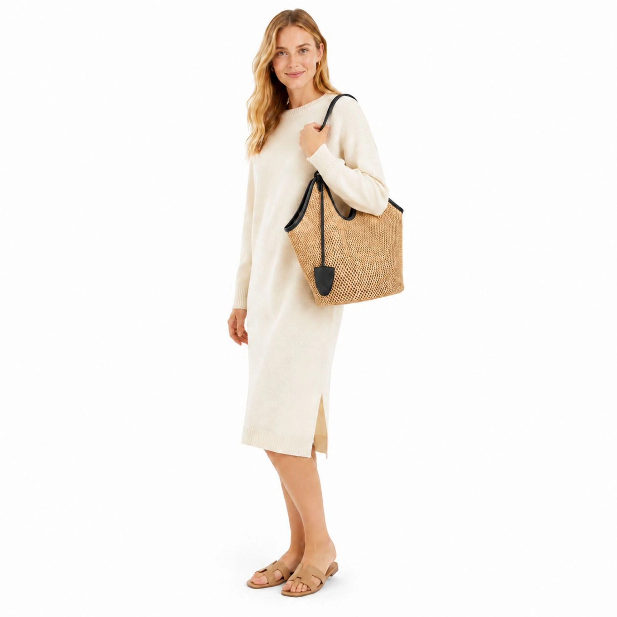 Alilang Women's Woven Straw Style Tote Bag Large Capacity Shoulder with Faux Leather Trim