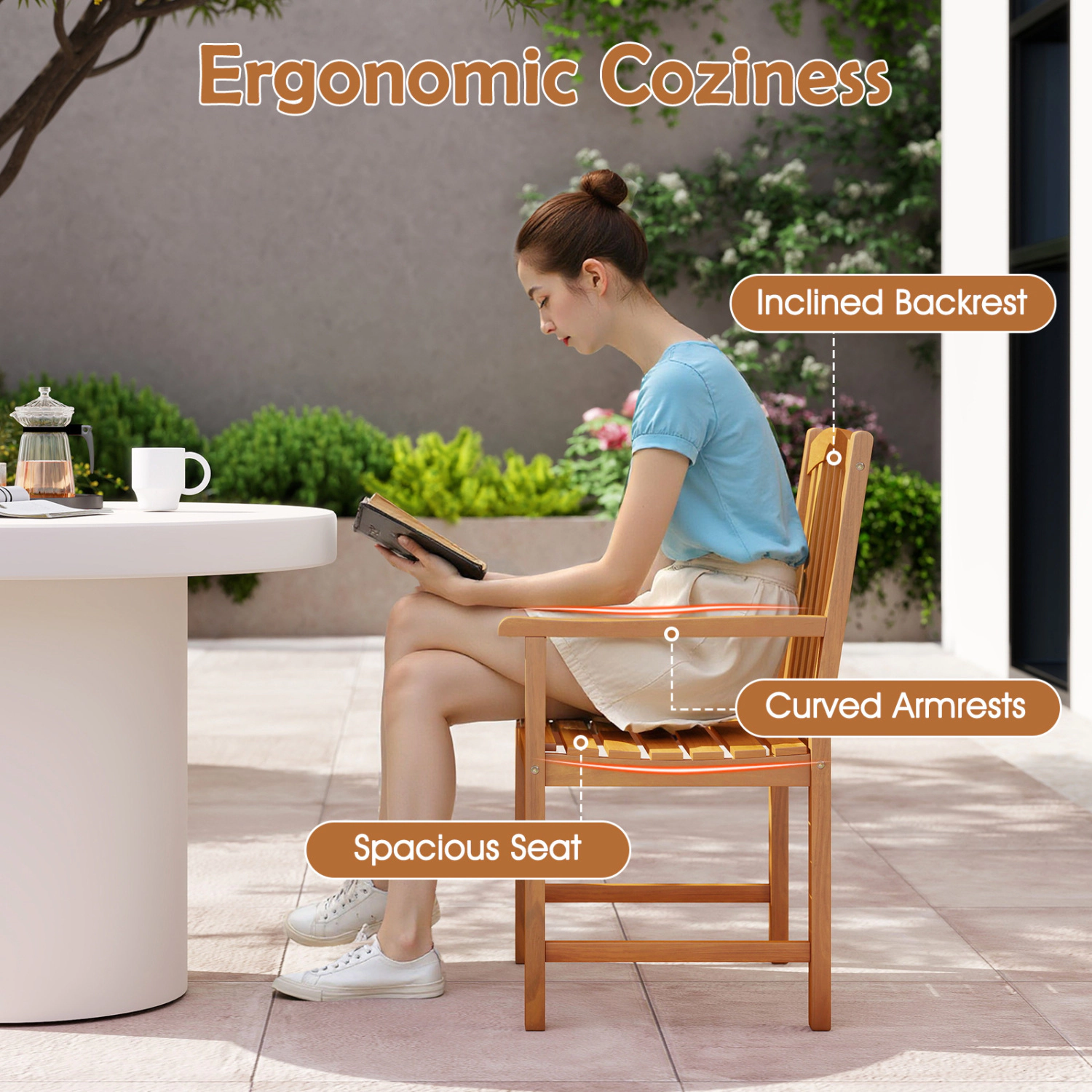 LJG 5-Piece Outdoor Square Patio Dining Set for 4 with Acacia Table & Armchairs