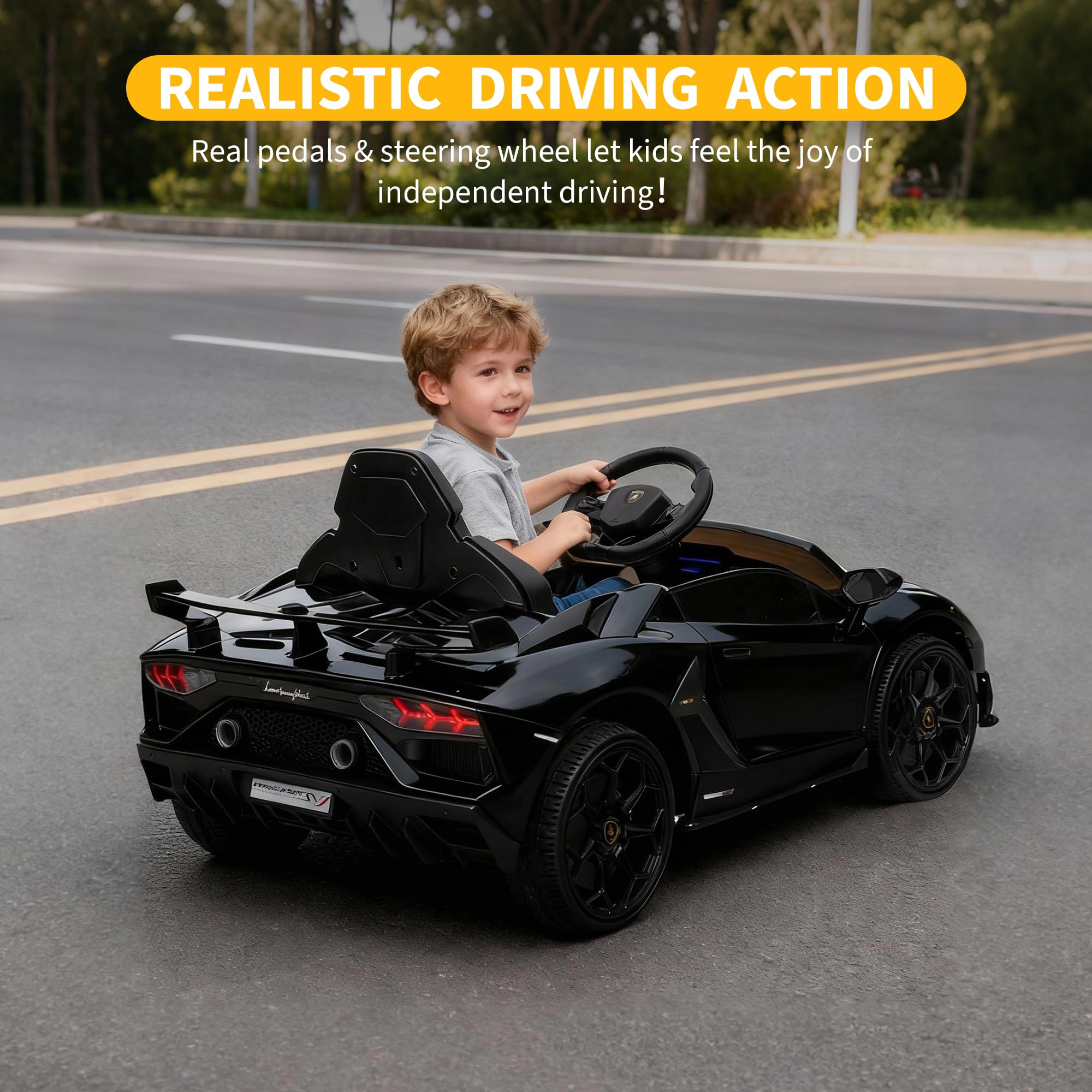 12V Licensed Lamborghini Kids Ride On Car, Battery Sports Car w/Remote, 2 Speeds, Sound, LED Headlights&Hydraulic Doors