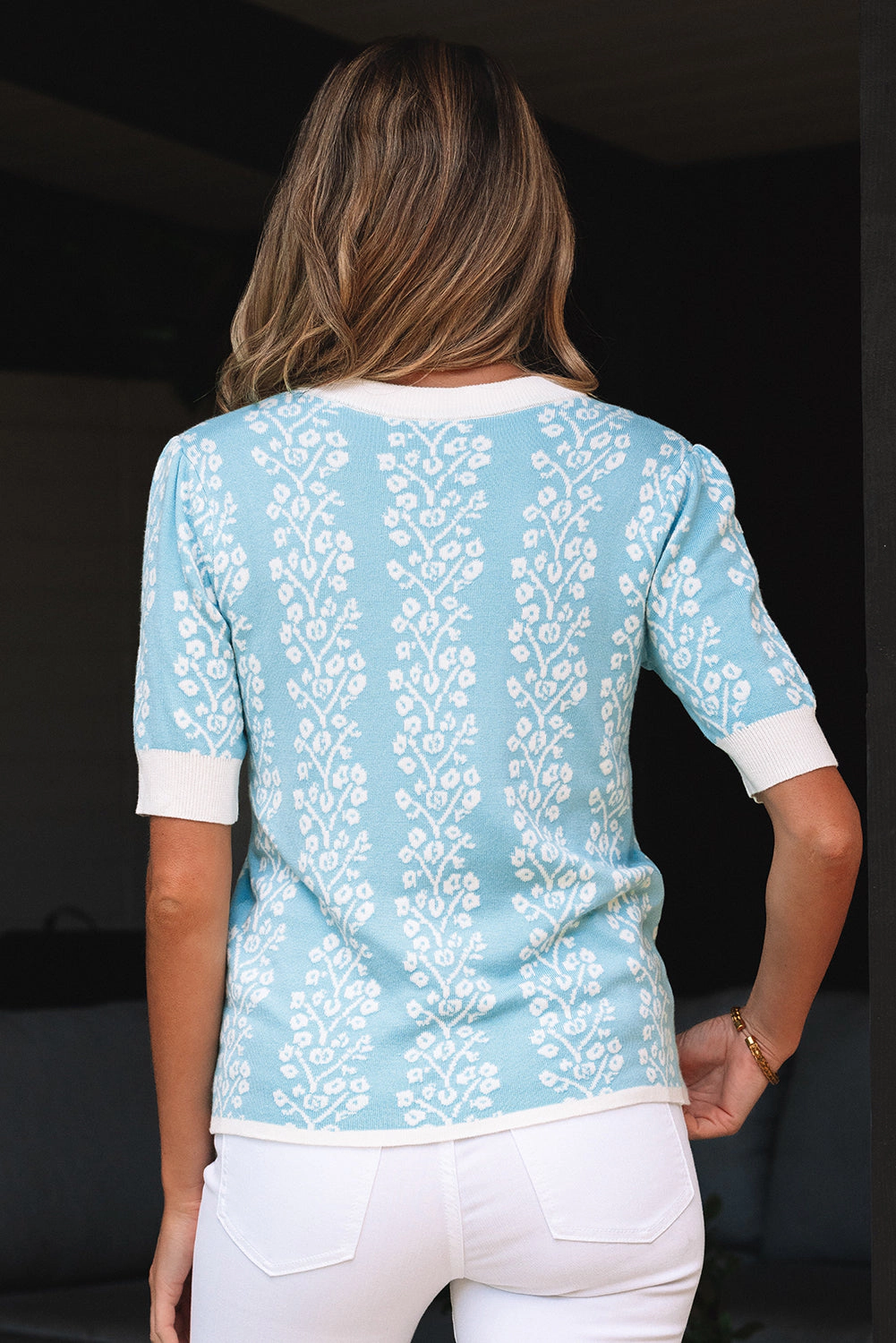 Threaded Pear Women's Leilani Floral Crewneck Short Sleeve Sweater