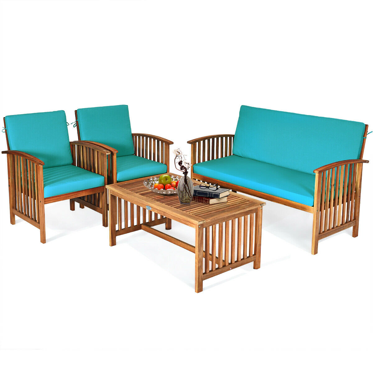 SUGIFT 4-Piece Blue Patio Furniture Set with Solid Acacia Wood Loveseat and Coffee Table 360-lb Per Sofa