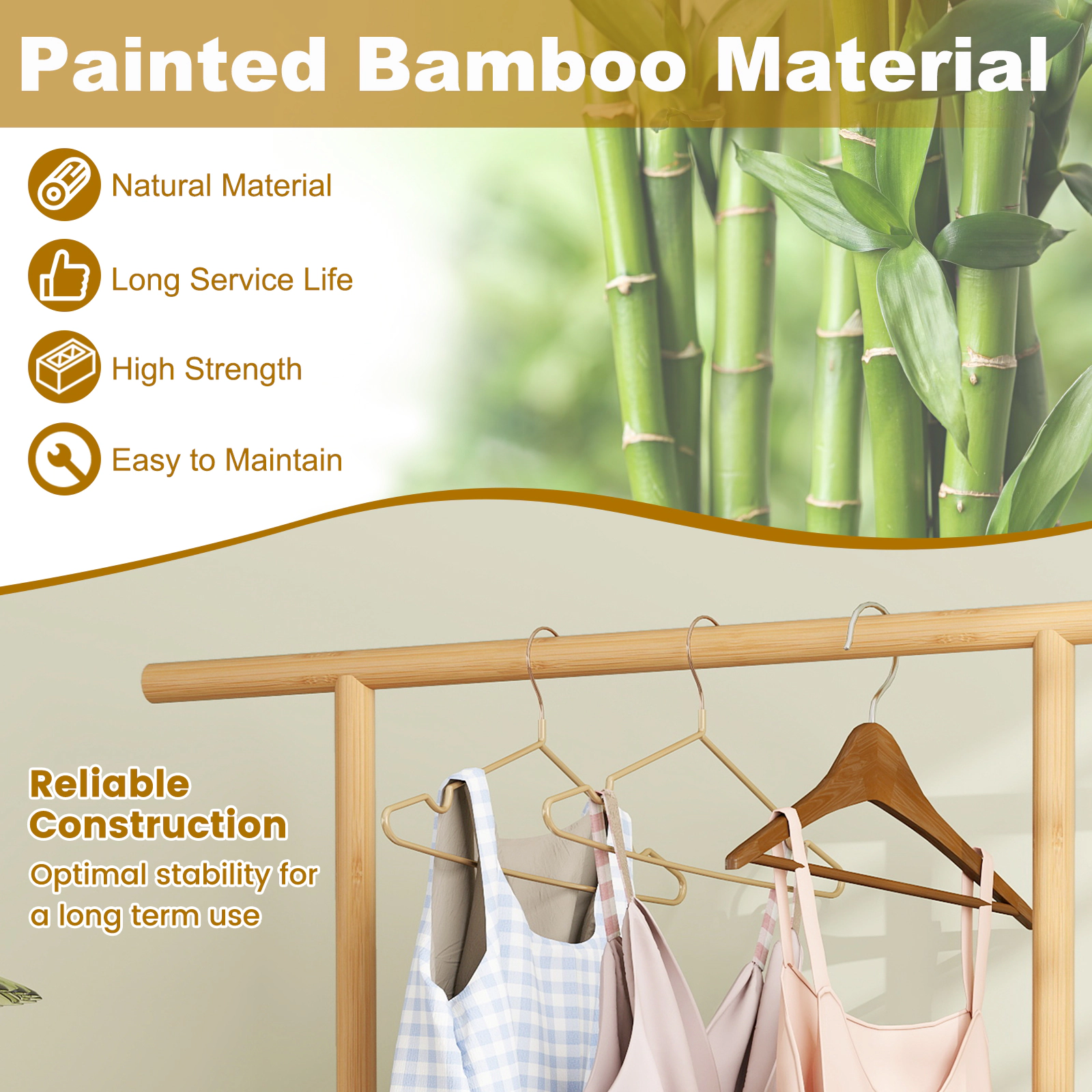 SUGIFT Bamboo Clothes Rack with Rattan Storage Basket and Wheels 45-lb Rod 65-lb Basket Capacity Natural & Brown