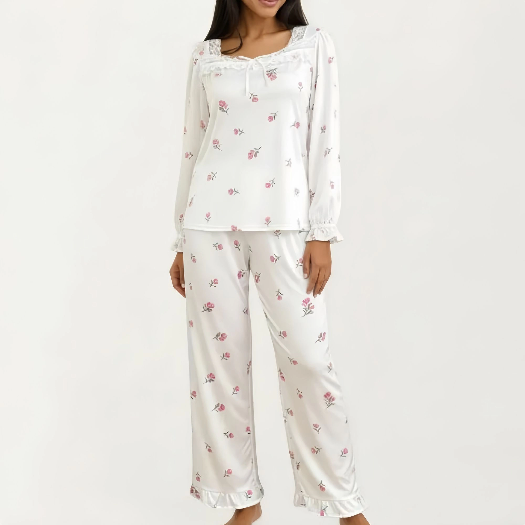 Anna-Kaci Women's 2-Piece Pajama Top with Lace Trim Tie Neck Detail and Relaxed Fit Pants Printed Sleepwear Set