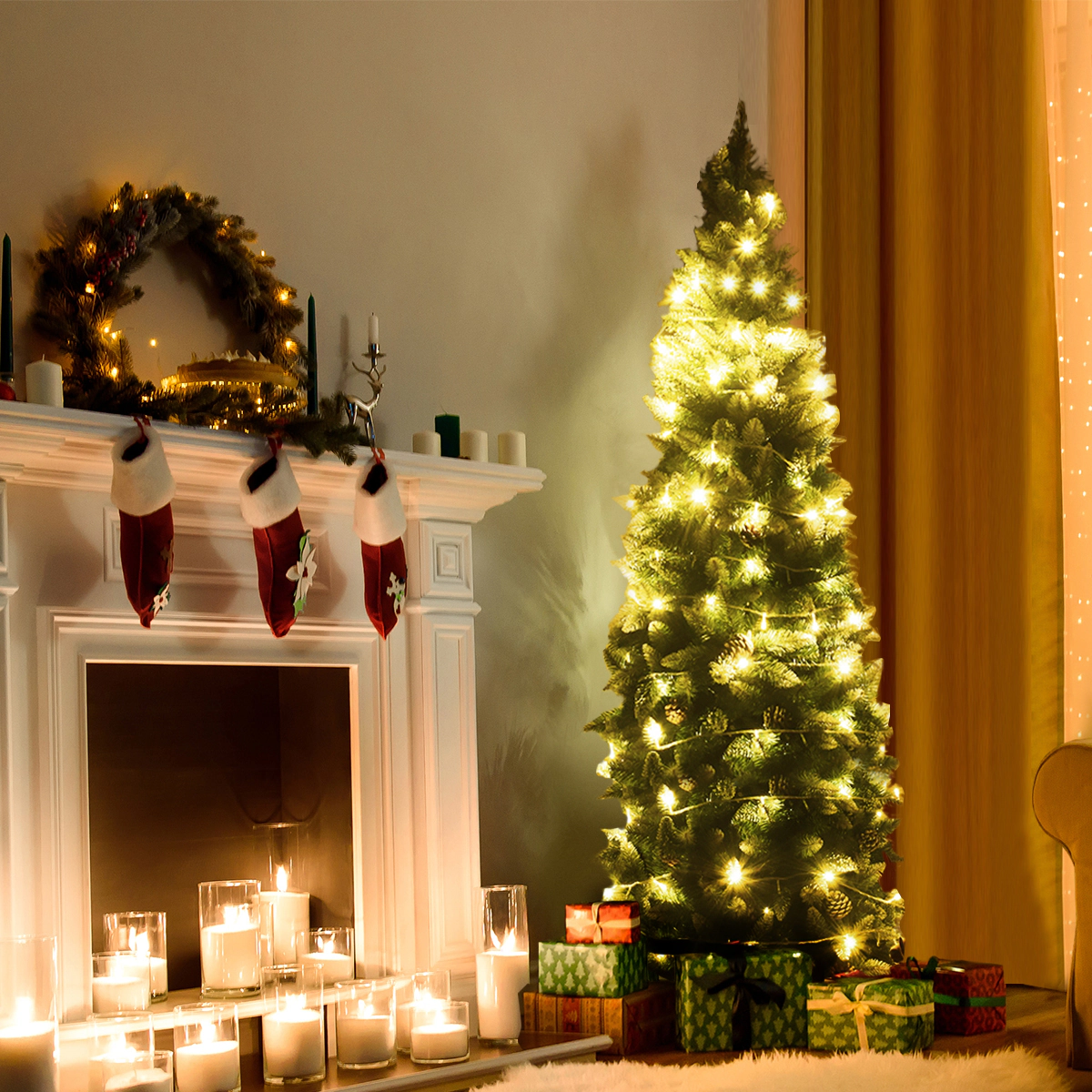 Costway 6ft Snow Flocked Unlit Pencil Christmas Tree Hinged Pine Cones