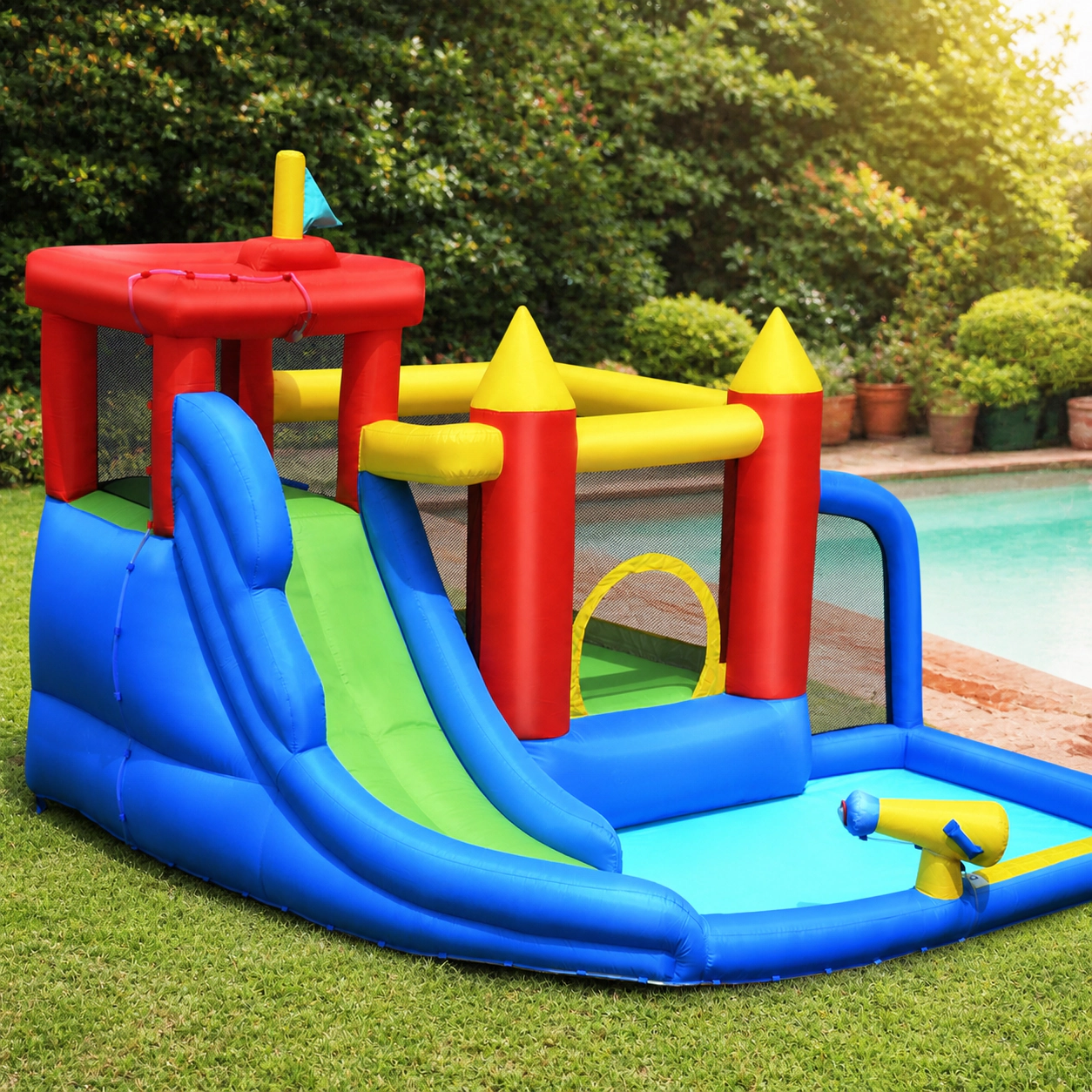 SUGIFT 11.4-ft Inflatable Bounce House with Water Slide Splash Pool and 740W Blower Included for Backyard
