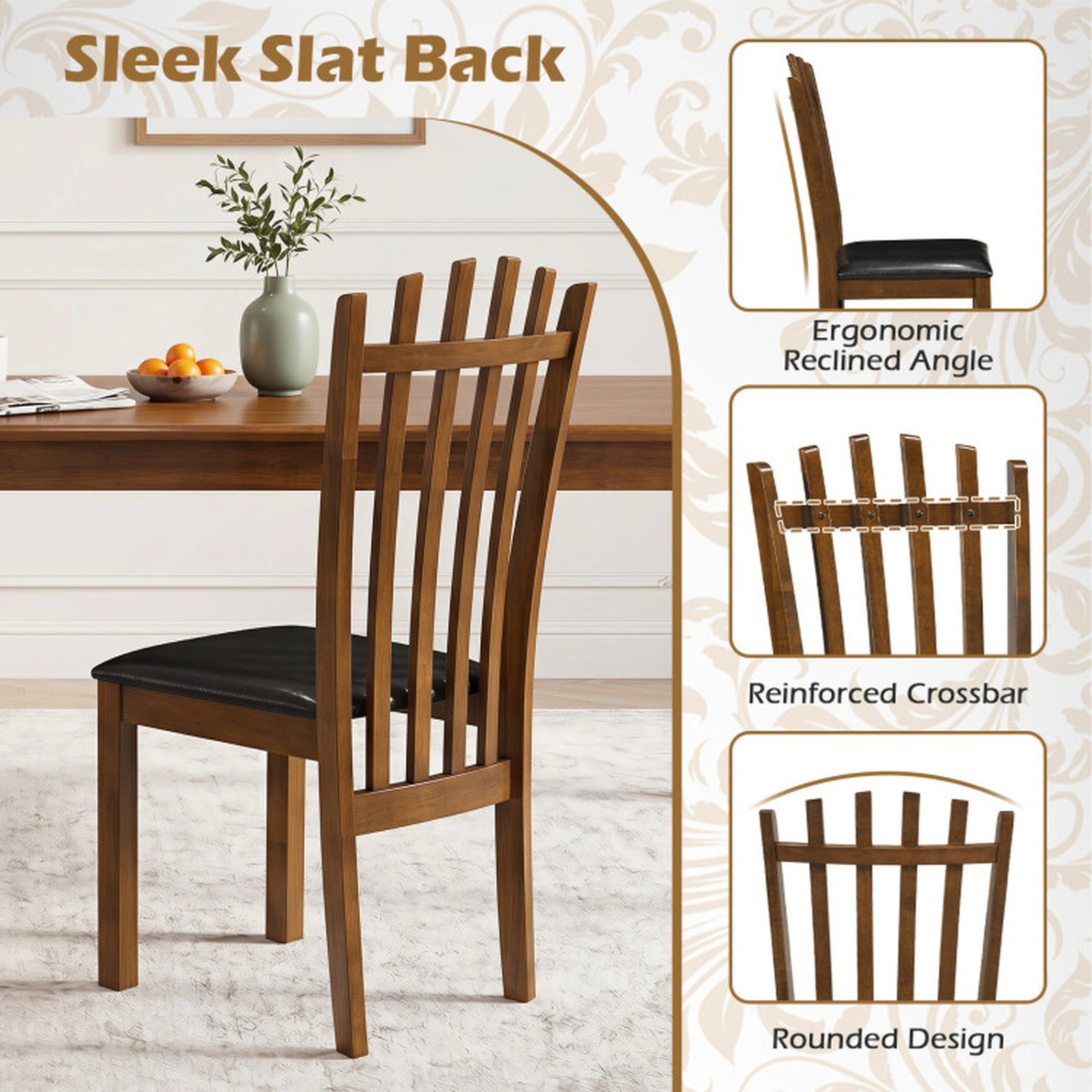 SUGIFT Set of 4 Wooden Dining Chairs with Spindle Back and PU Leather Seat 330-Lb Capacity 38-in Tall Walnut + Black