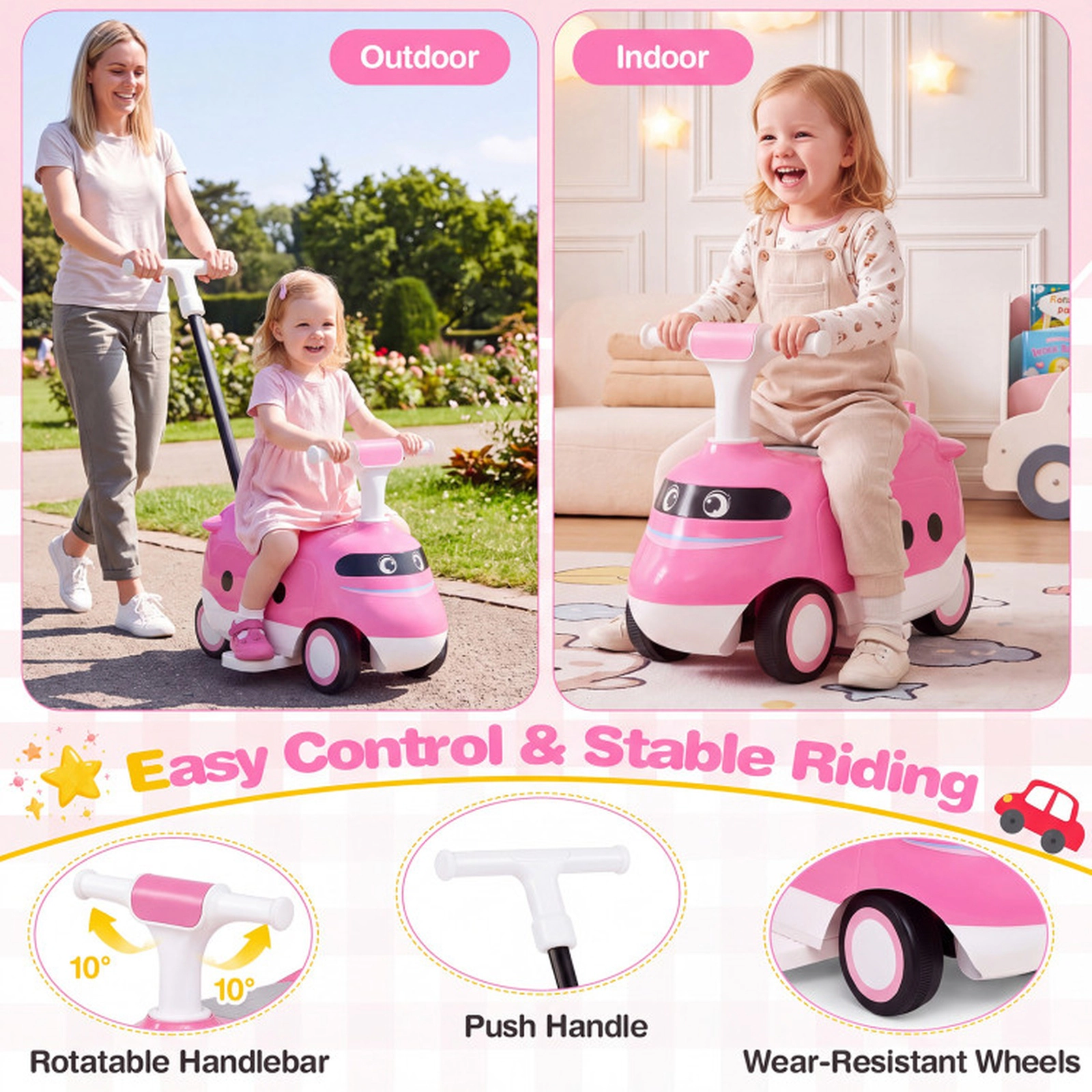 SUGIFT Kids Push 2-in-1 Ride-On Car with Detachable Parent Handle and Horn Pink