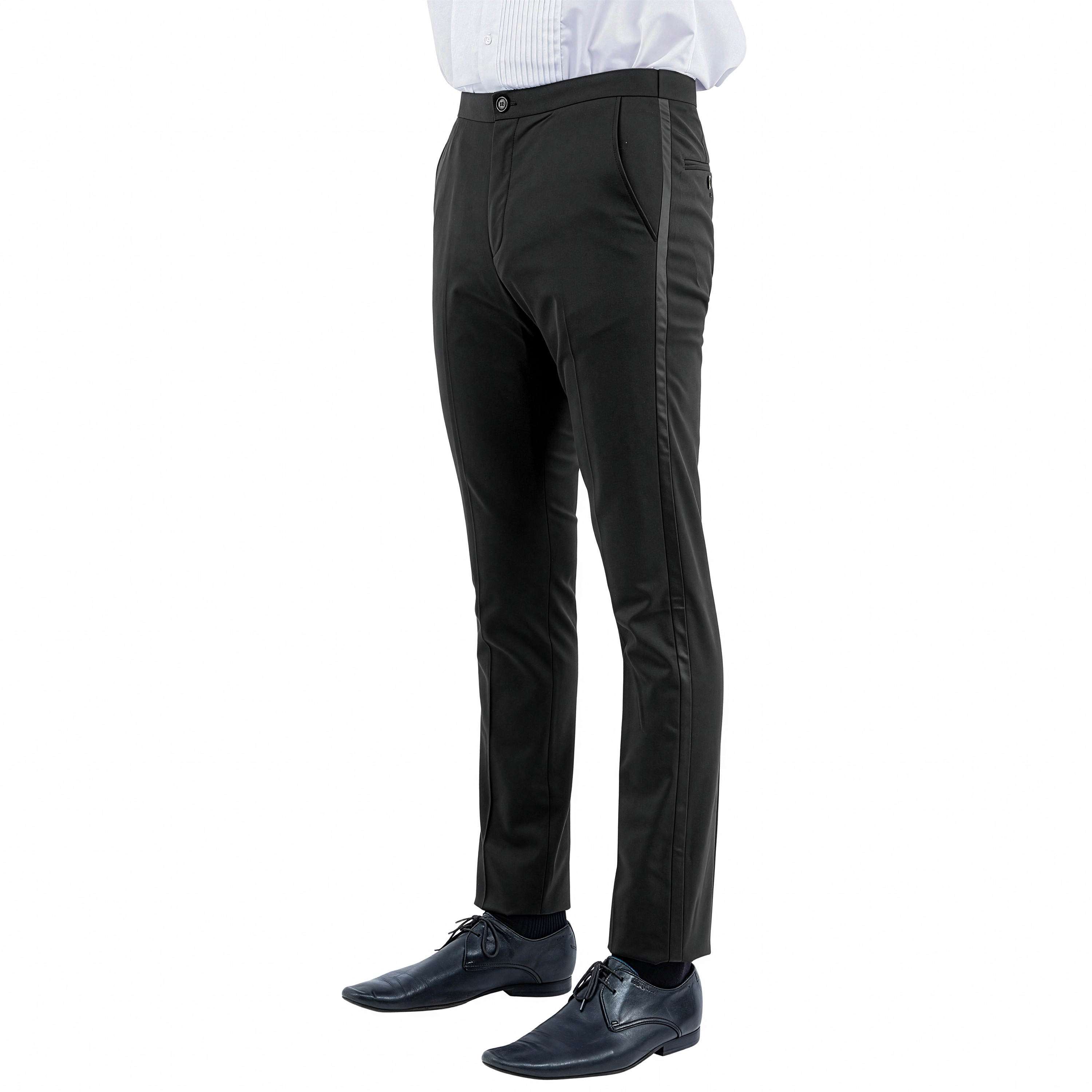 Zegarie Unhemmed Men’s Satin Side Stripe Tuxedo Pants, Open Bottom