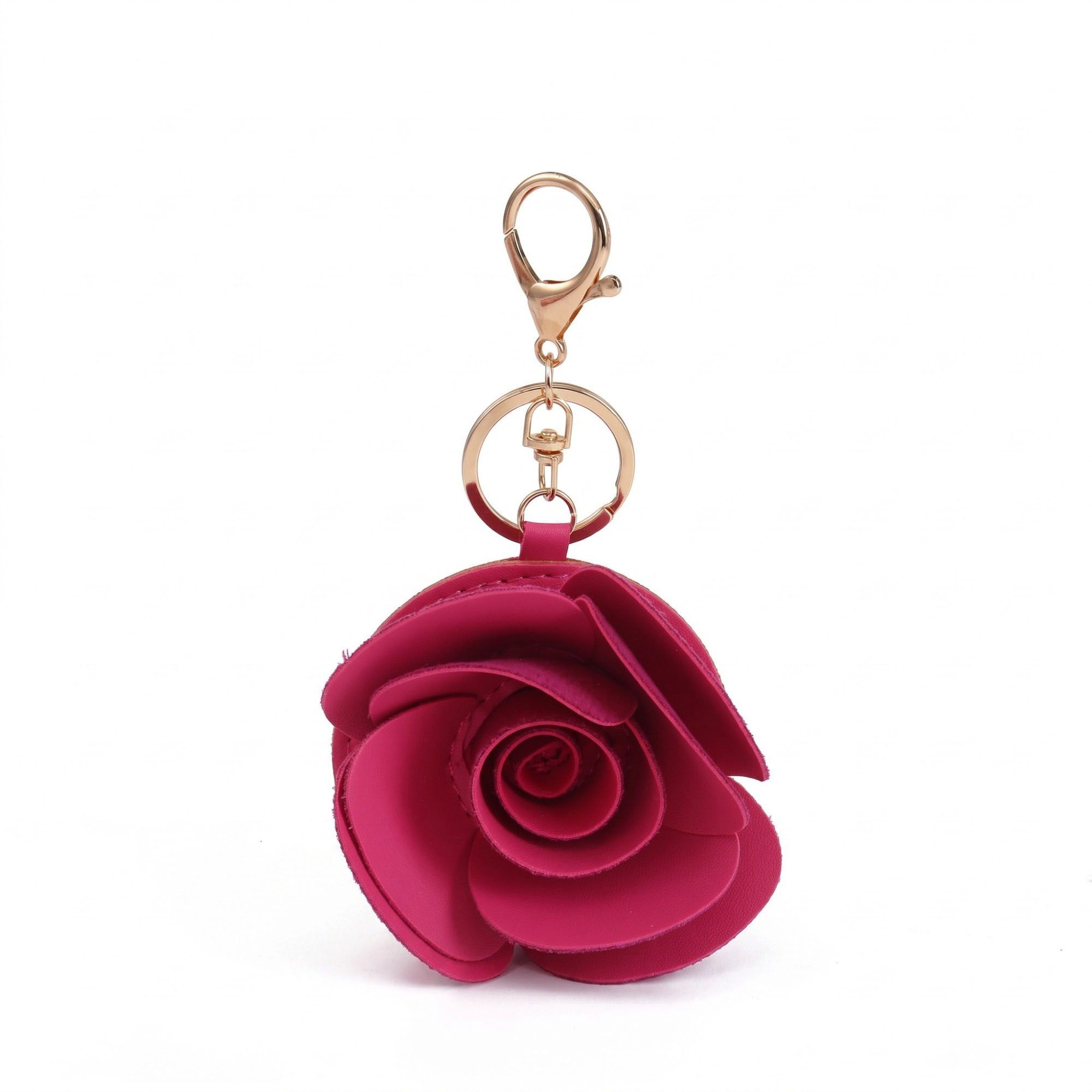 Alilang Women's Dark Pink Rose Flower Bag Charm with Gold Tone Dual Clip