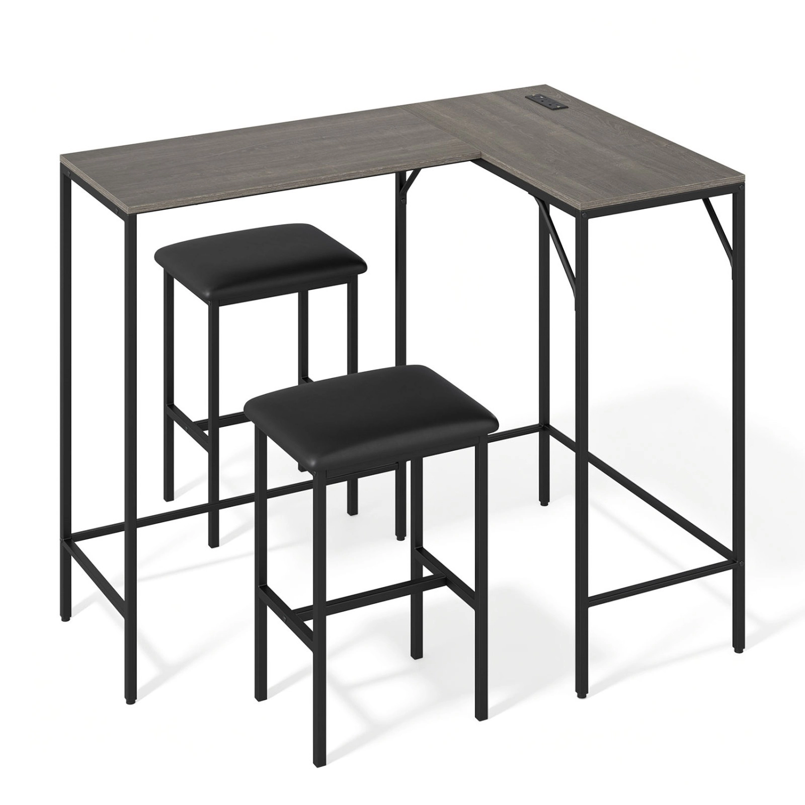 SUGIFT L-Shaped Dining Table and Chair Set with Charging Station 220-lb Table Capacity Industrial Brown and Black