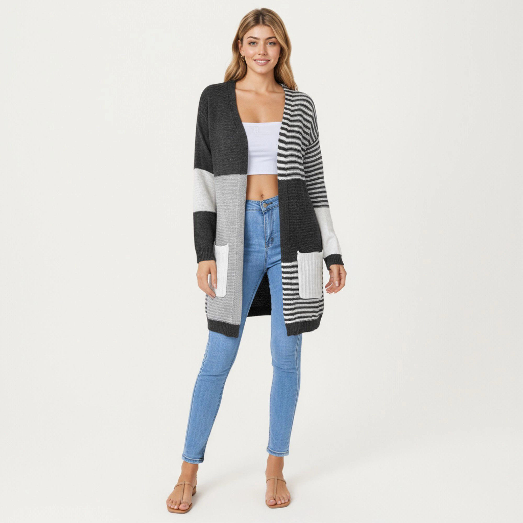 Anna-Kaci Women's Long Sleeve Color Block Striped Knit Cardigan with Front Pockets