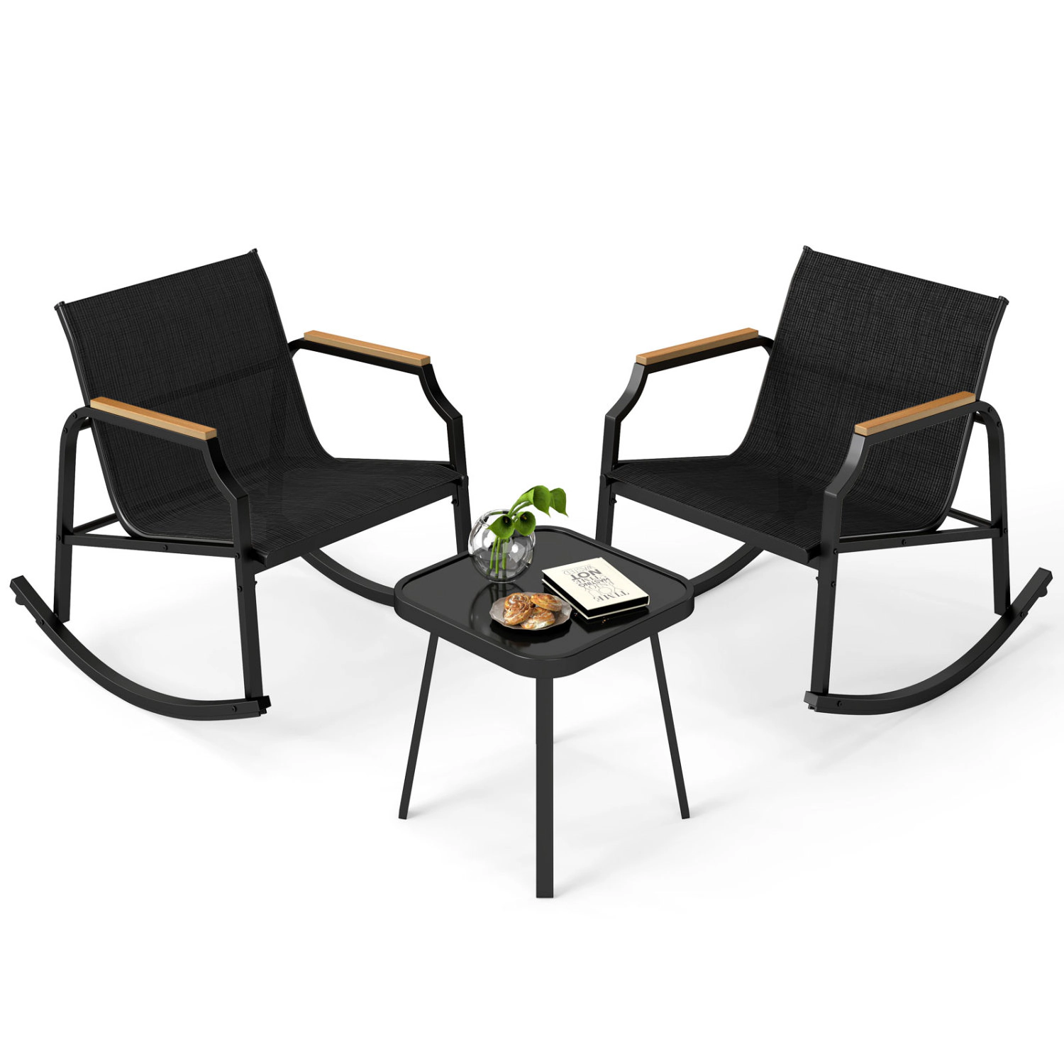 LJG 3 Piece Patio Rocking Bistro Set with Tempered Glass Coffee Table and Armrests for Porch