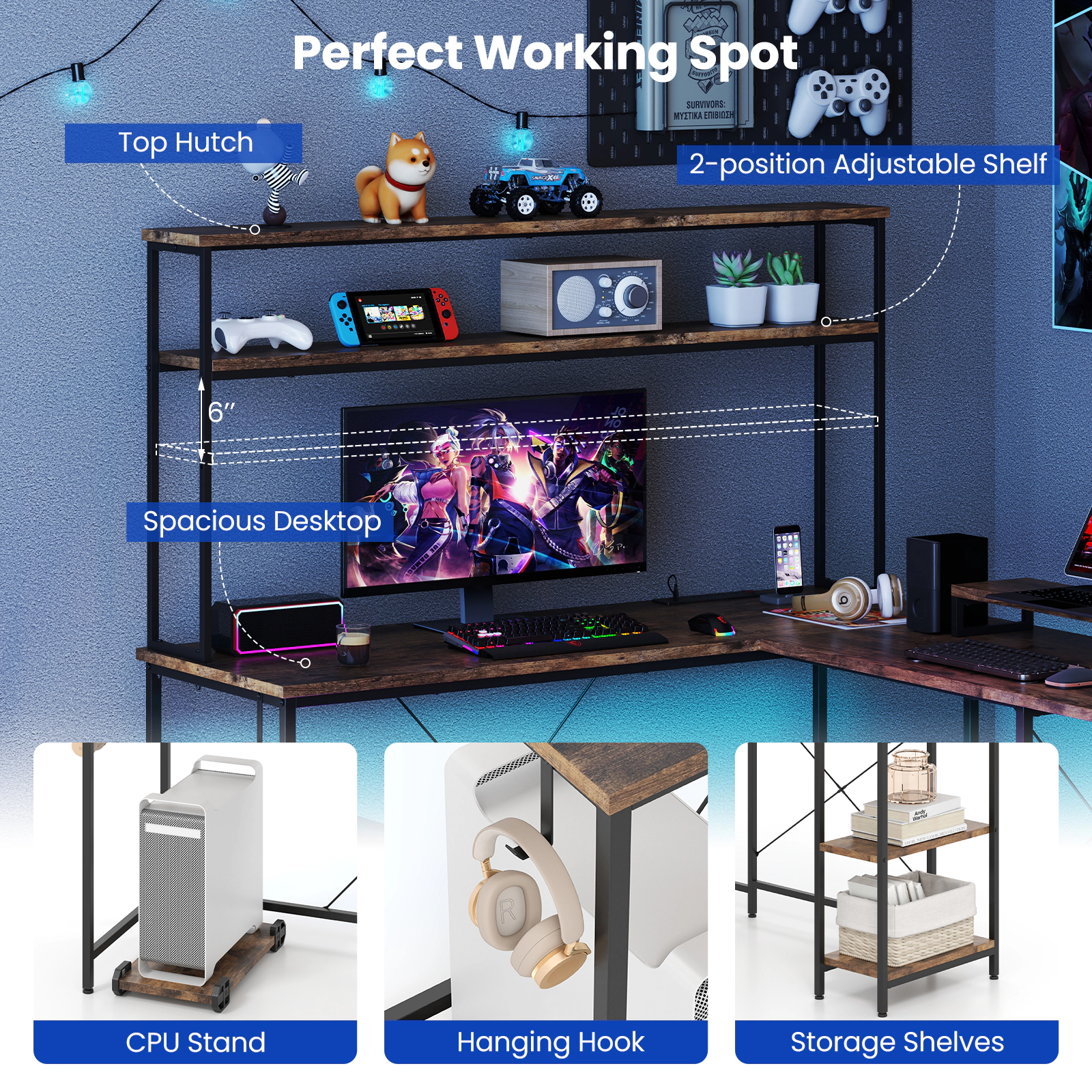 SUGIFT Reversible Rustic Brown L-Shaped Gaming Desk with RGB LEDs, Hutch and Charging Station