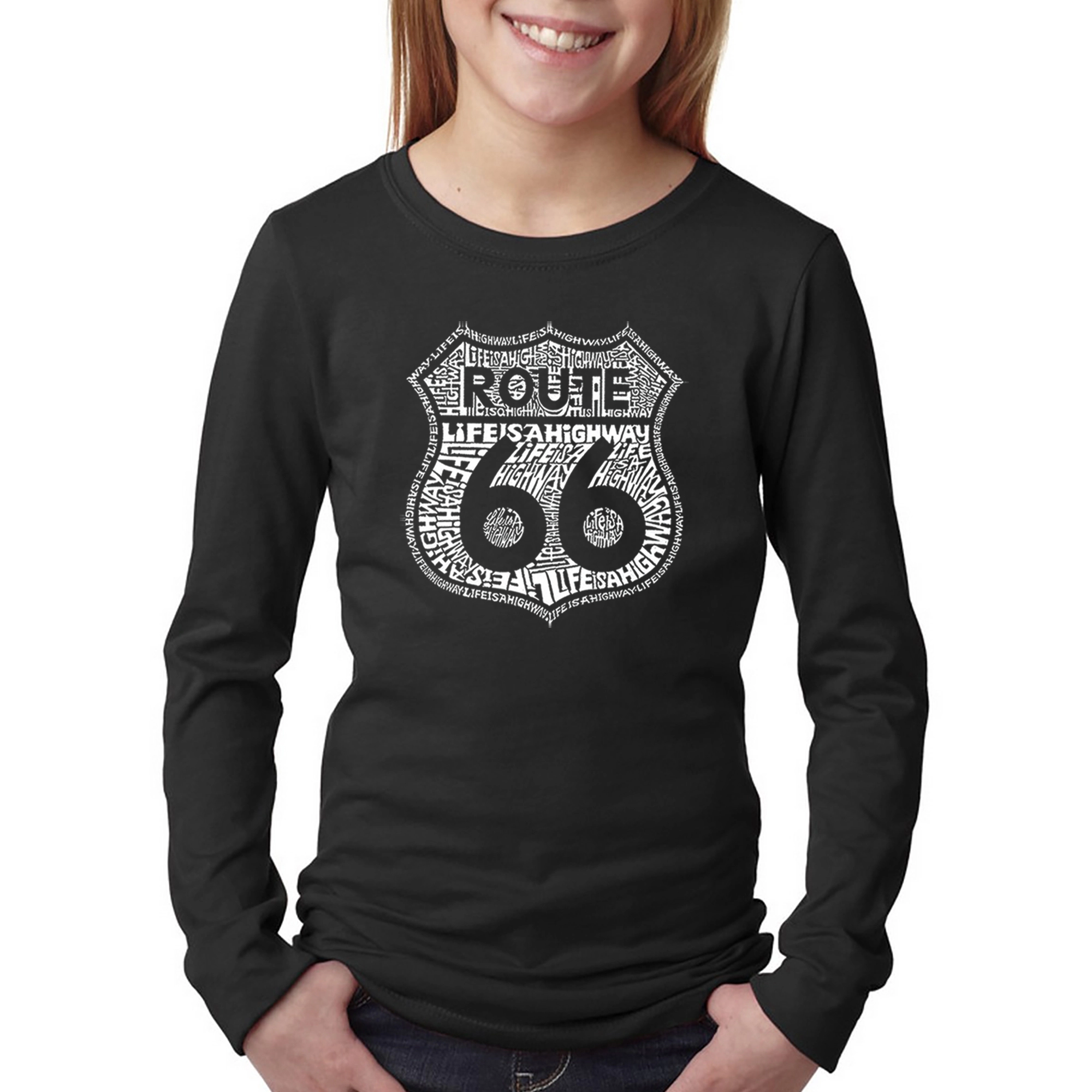 LA Pop Art Girls Long Sleeve Word T-Shirt - Route 66 Life is a Highway