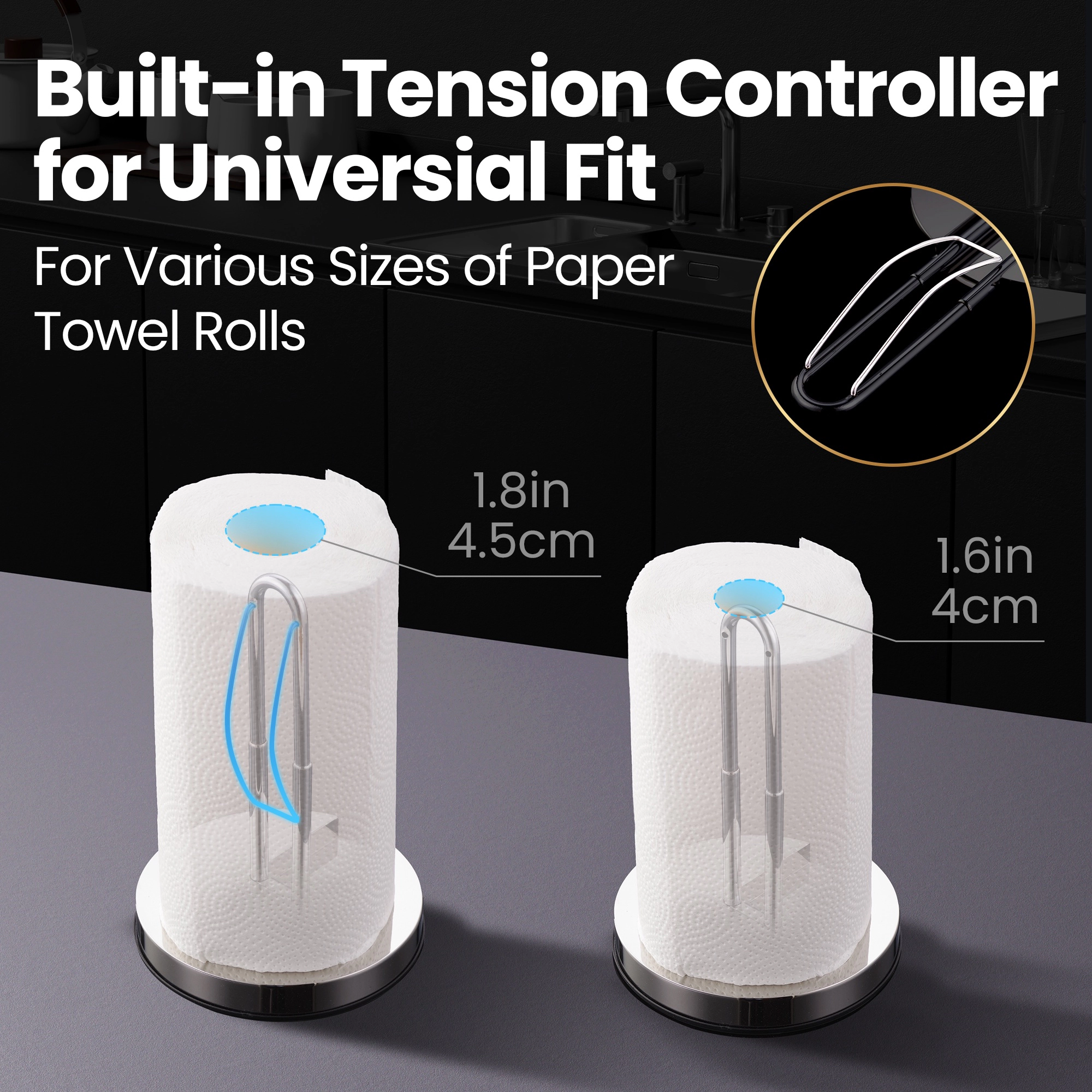 Gourmet Easy Stainless Steel Paper Towel Holder, Anti-Slip for One-Hand Tear, Adjustable & Foldable