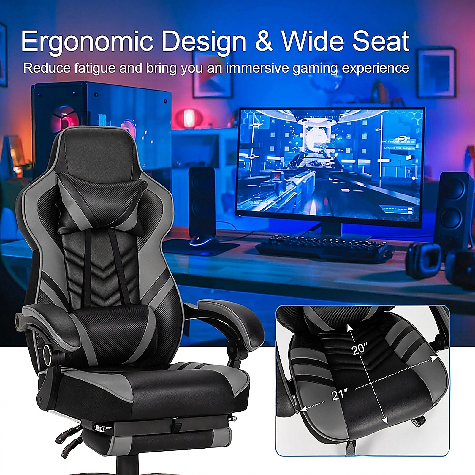 SUGIFT Adjustable Gaming Chair with Retractable Footrest Headrest and Waist Pillow