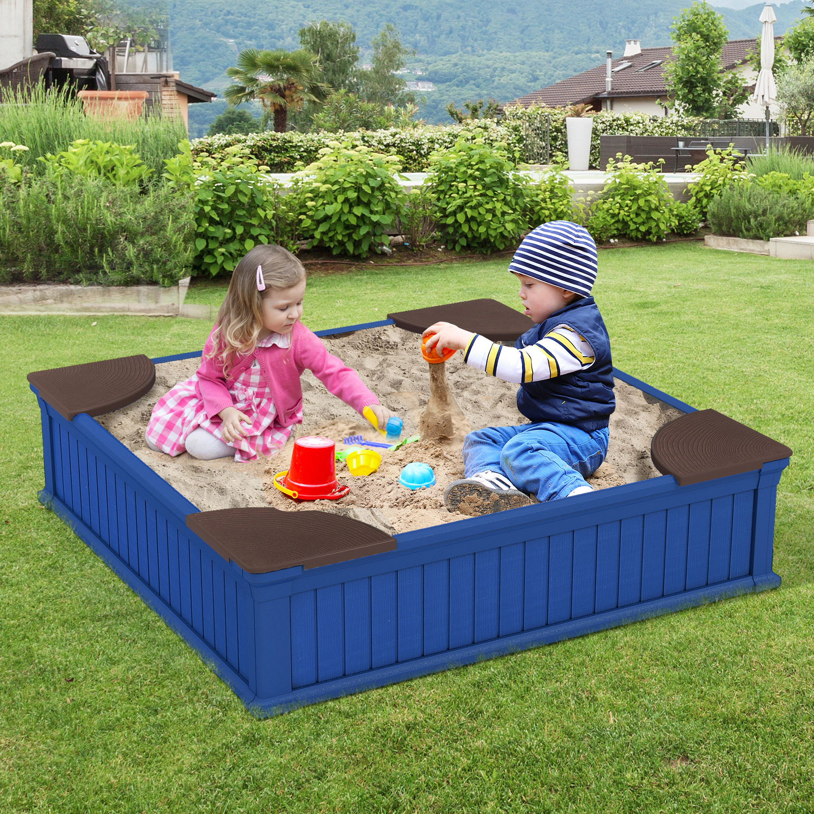 SUGIFT Kids Navy Outdoor Sandbox with Oxford Cover and 4 Corner Seats 48.5-in W 12.5-in H 110-lb Per Seat