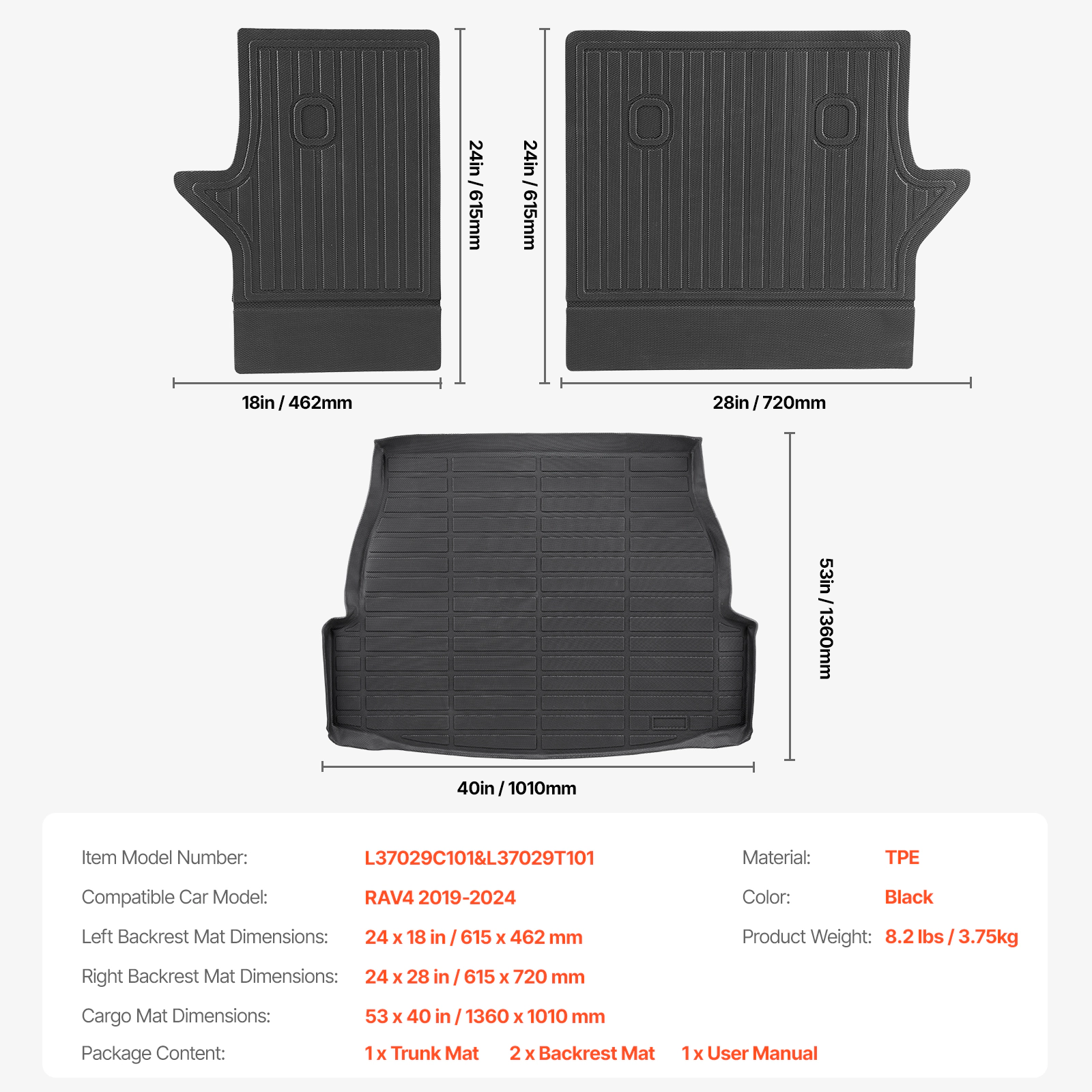 HONGGE Custom Fit TPE Cargo Mat for Toyota RAV4 2019-2024, Trunk Liner with Backrest Mats, Waterproof Protector, Black