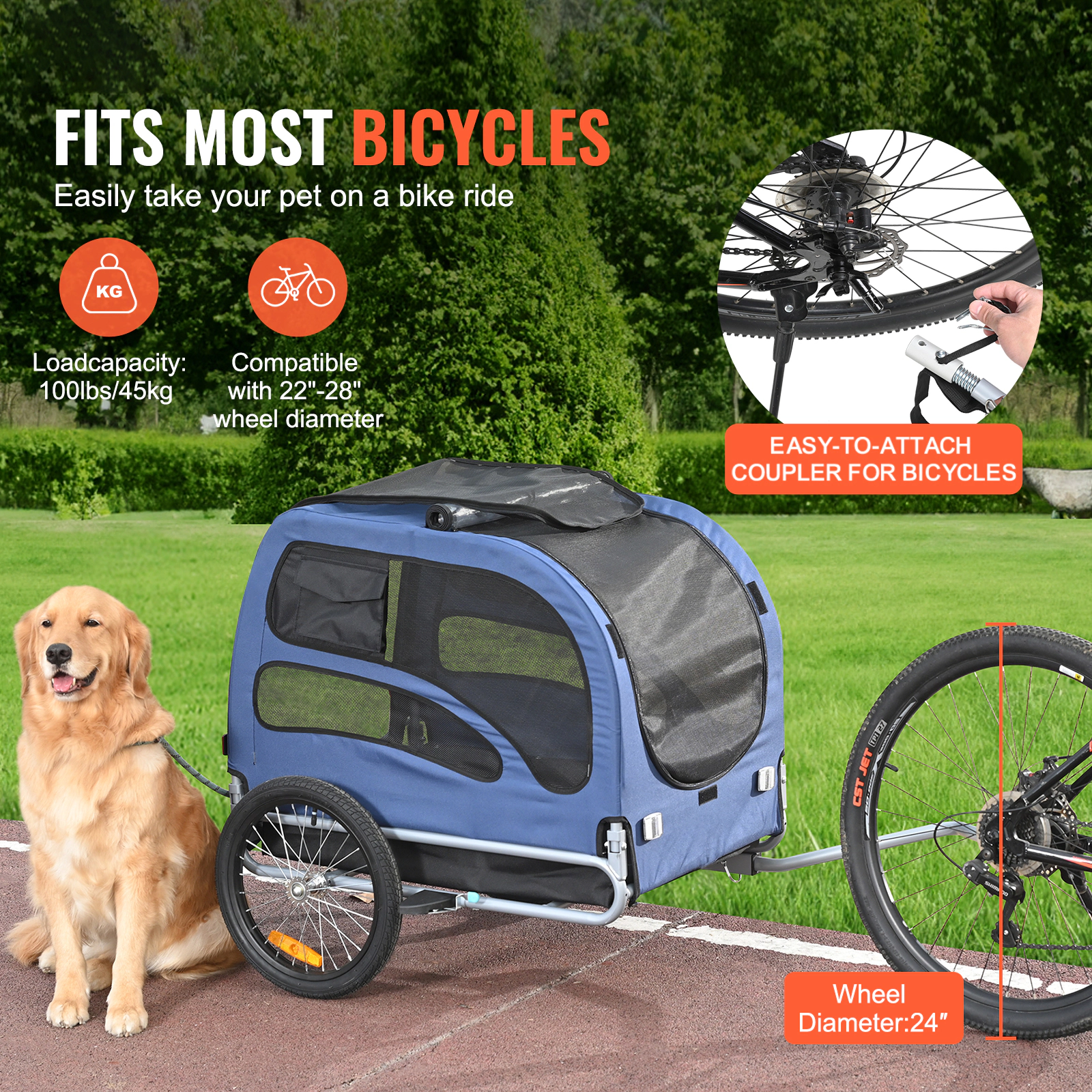 HONGGE Dog Bike Trailer, 100 lb Capacity, Weatherproof Pet Carrier with Mesh Windows, Blue/Black