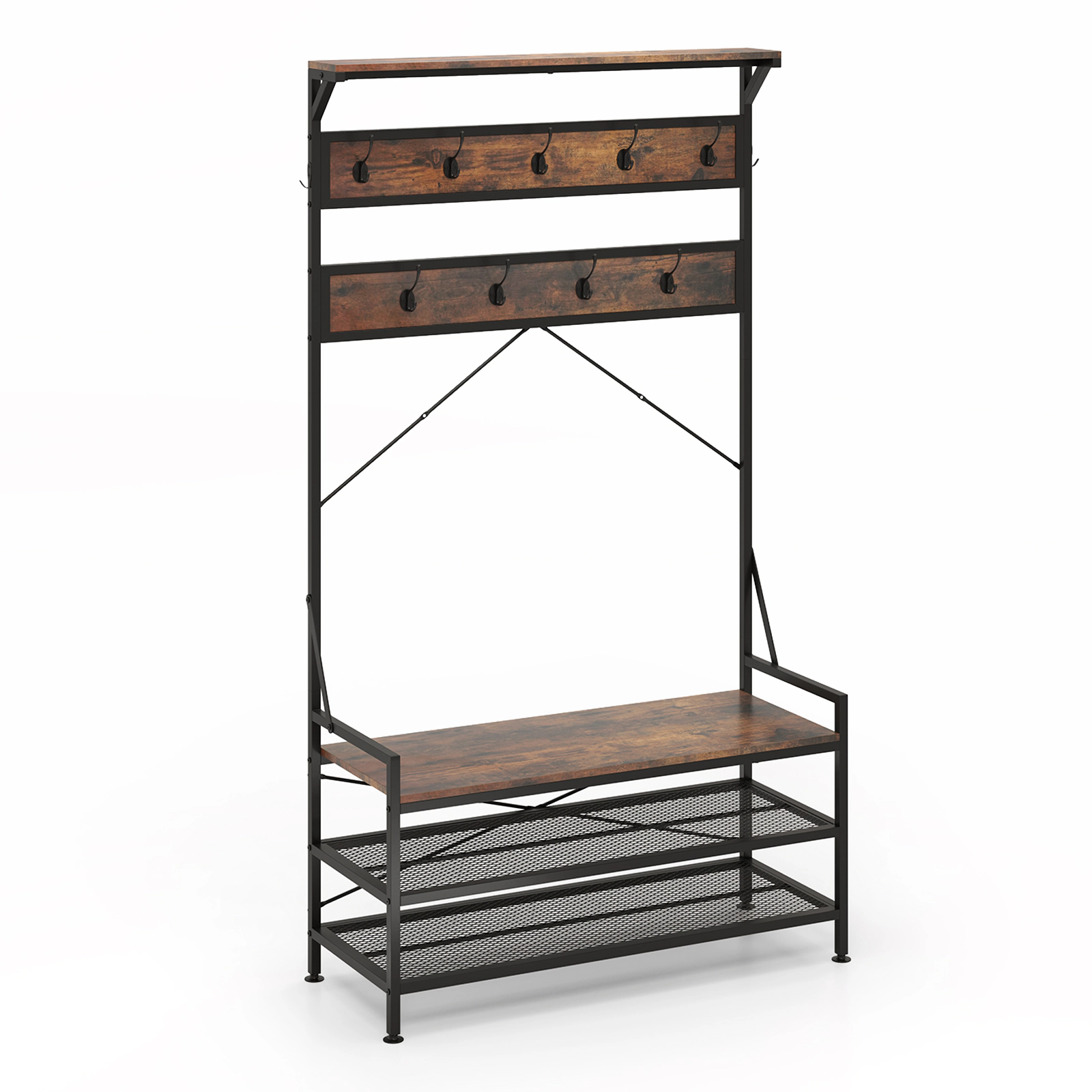 SUGIFT 72.5-in 4-in-1 Entryway Hall Tree with Coat Rack 11 Hooks Storage Shoe Bench and 2-Tier Rack