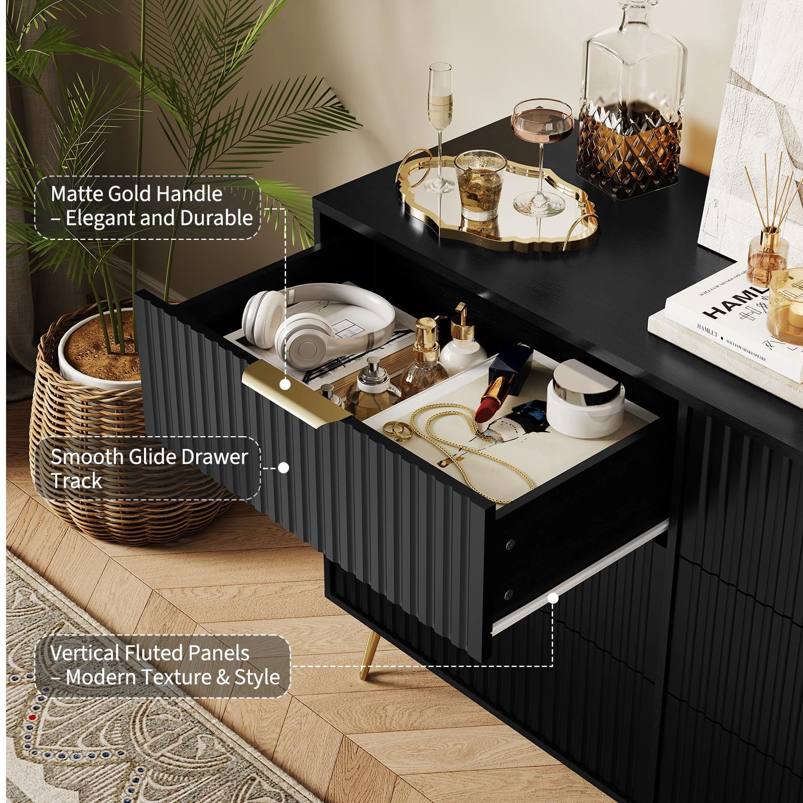 47" Wide Fluted 6 Drawer Dresser with Metal Handles, Modern Wood Storage Chest