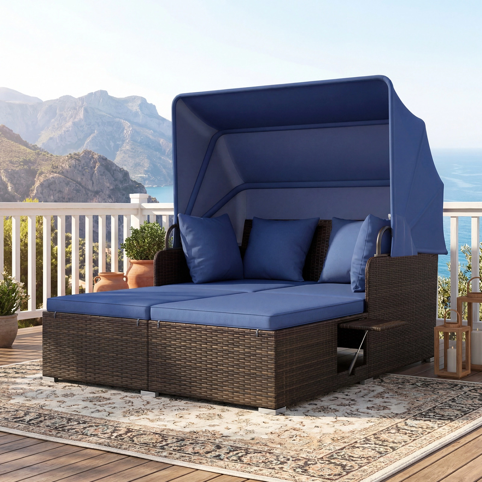 SUGIFT Outdoor Patio Rattan Daybed Navy with Retractable Canopy and Side Tables
