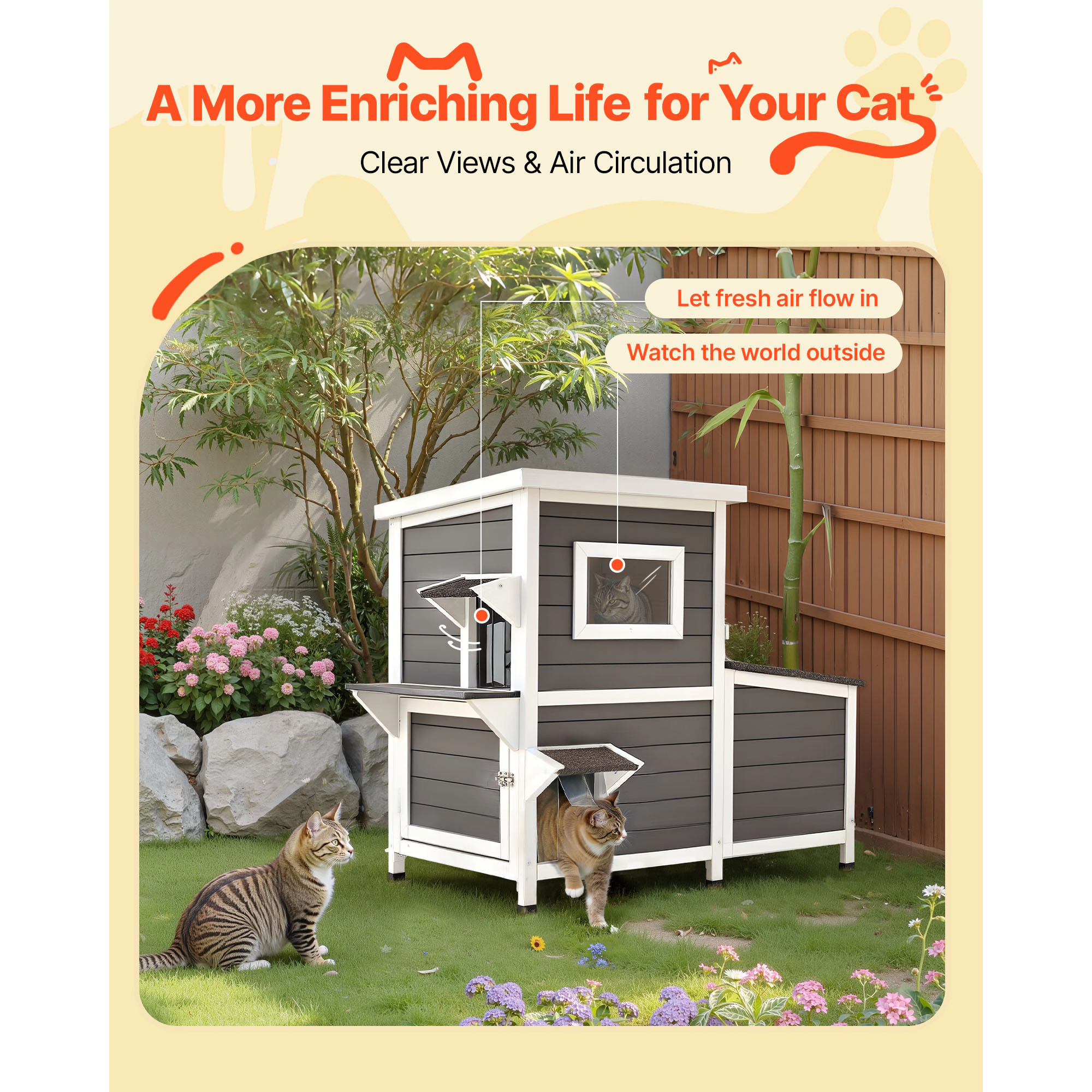 HONGGE Outdoor Wooden Cat House Shelter for Feral Cats in Winter with Waterproof Roof
