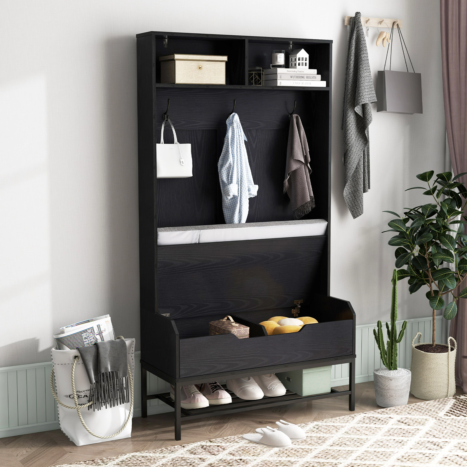 SUGIFT 67 Inch Hall Tree Black 4-in-1 Coat Rack with Seat Cushion and Shoe Storage