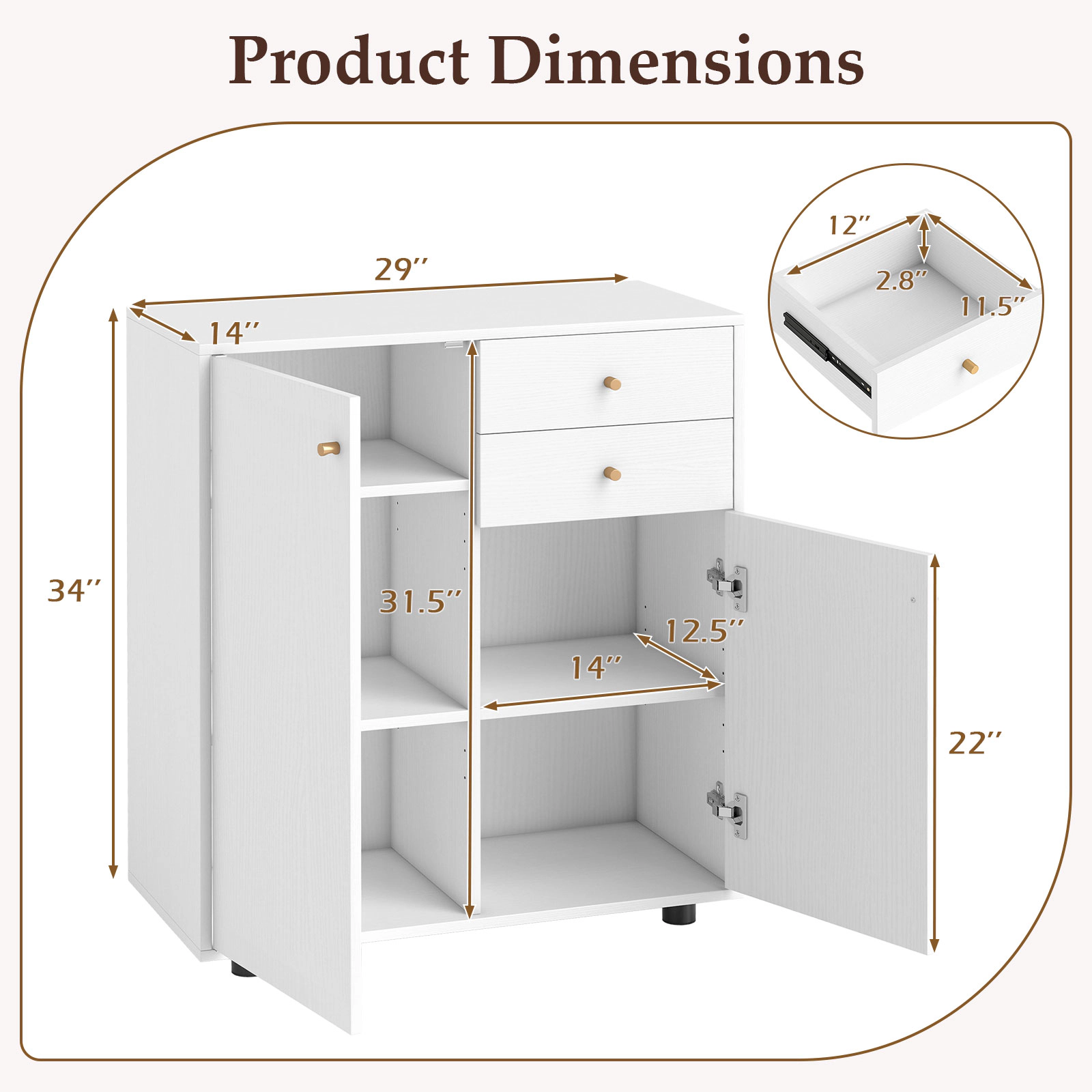 Glintex 34-Inch Coffee Bar Sideboard with 2 Drawers and 3 Removable Shelves, White