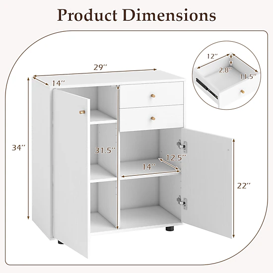 Glintex 34-Inch Coffee Bar Sideboard with 2 Drawers and 3 Removable Shelves, White