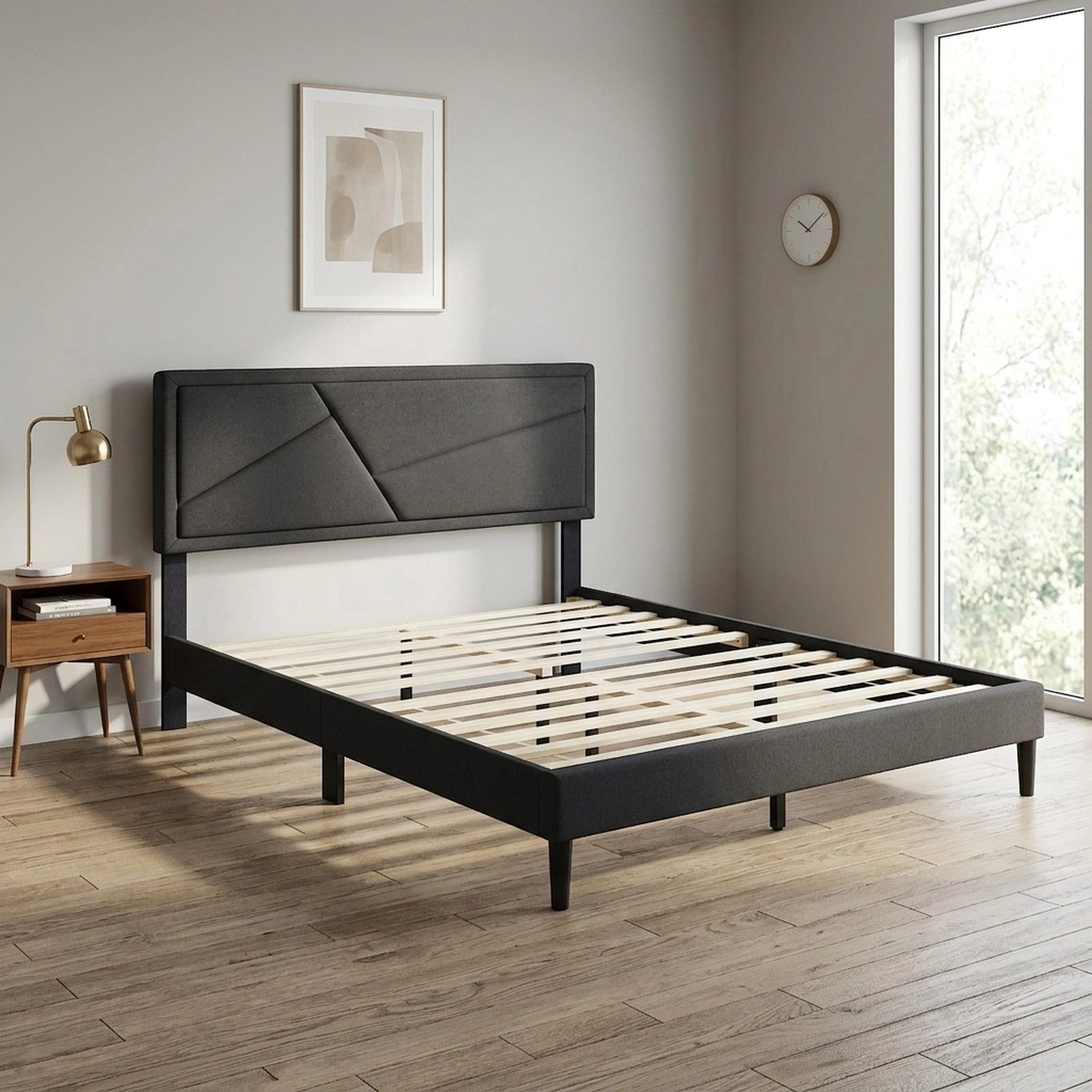 SUGIFT Queen Upholstered Platform Bed with Tall Headboard, Gray
