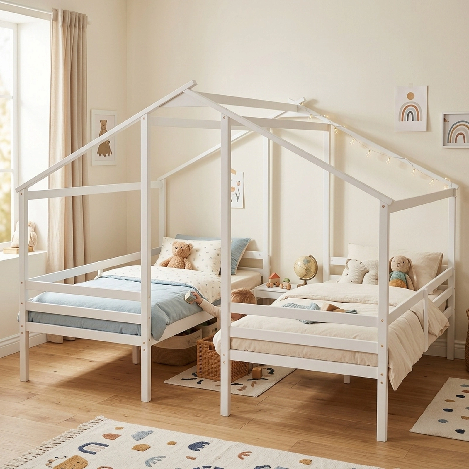 SUGIFT Double Twin Bed Frame with Built-In Nightstand, USB and Type-C Ports, White