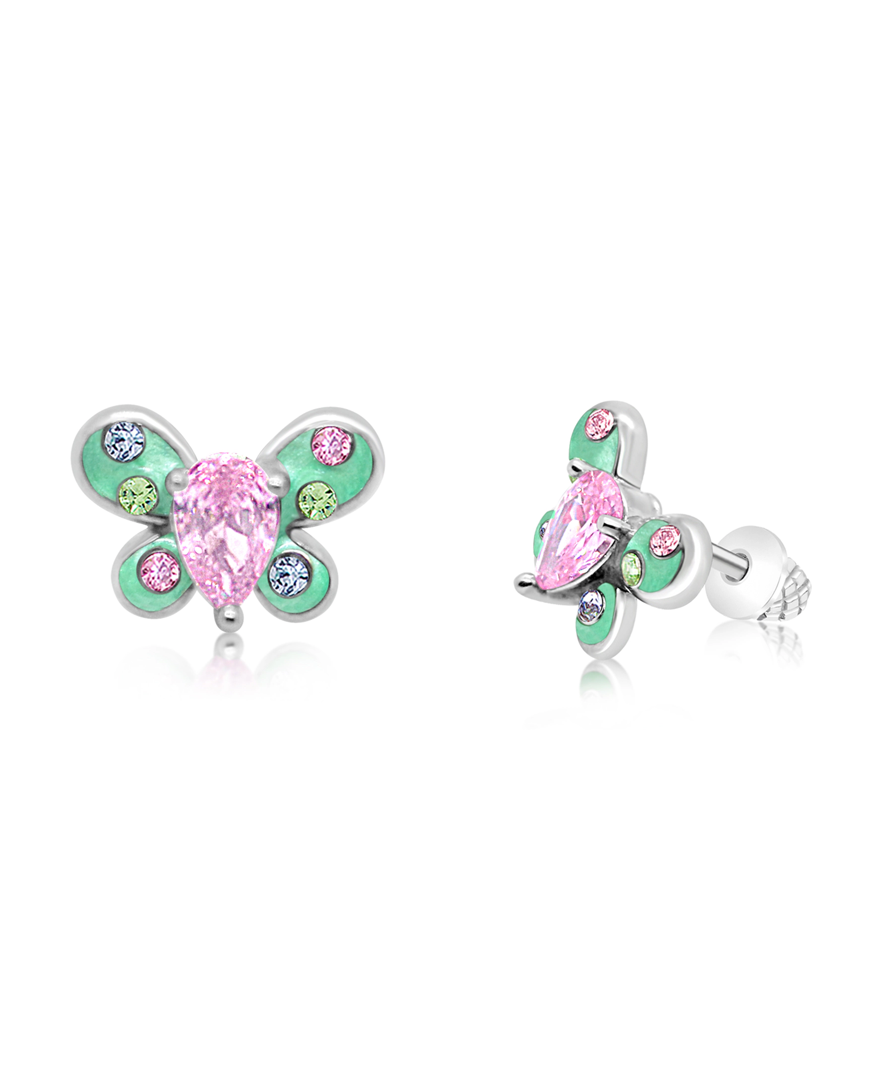 CHANTEUR Girls Butterfly Teardrop Crystal Stud Earrings - Pink & Green, White Gold Palladium Plating, Screw Back