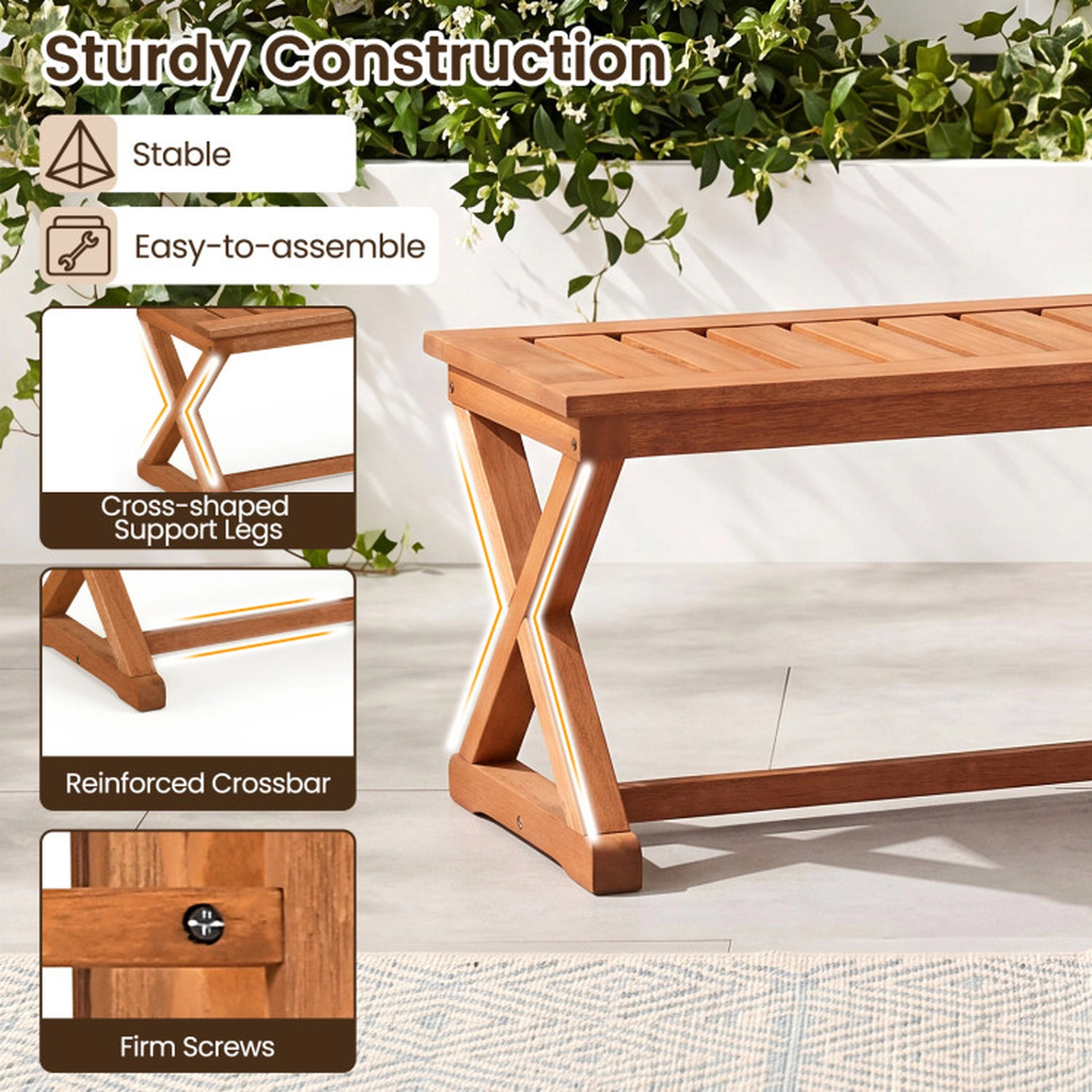 SUGIFT 44-in 2-Person Solid Hardwood Outdoor Bench with Slatted Seat 440-lb Capacity Teak Finish 2-Piece