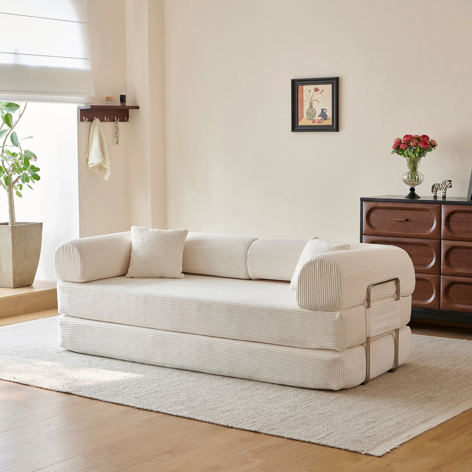 GBruno 3-Seat Convertible Corduroy Floor Sofa Bed