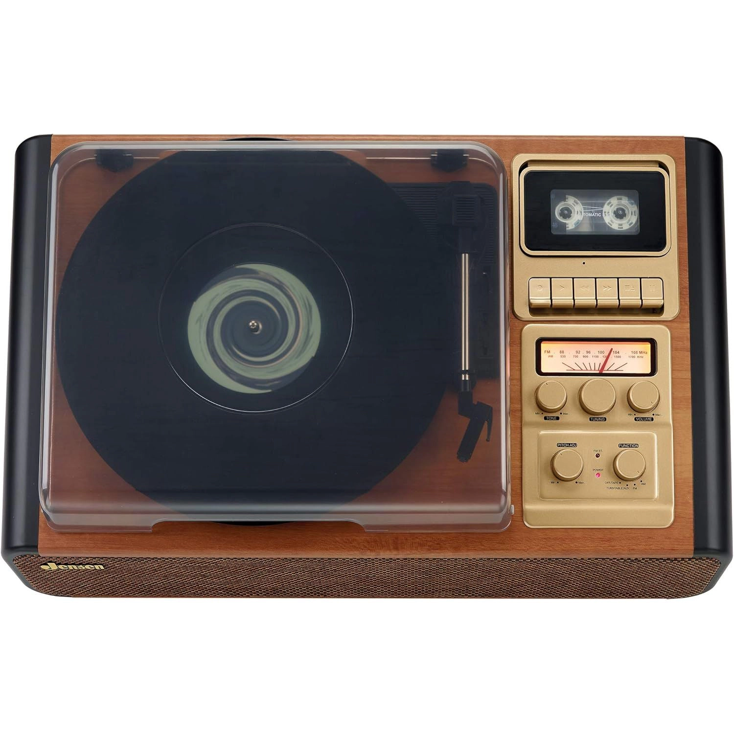 Jensen 3-Speed Belt-Drive Turntable System with Cassette Recorder, Bluetooth & Aux Input JTA-1385